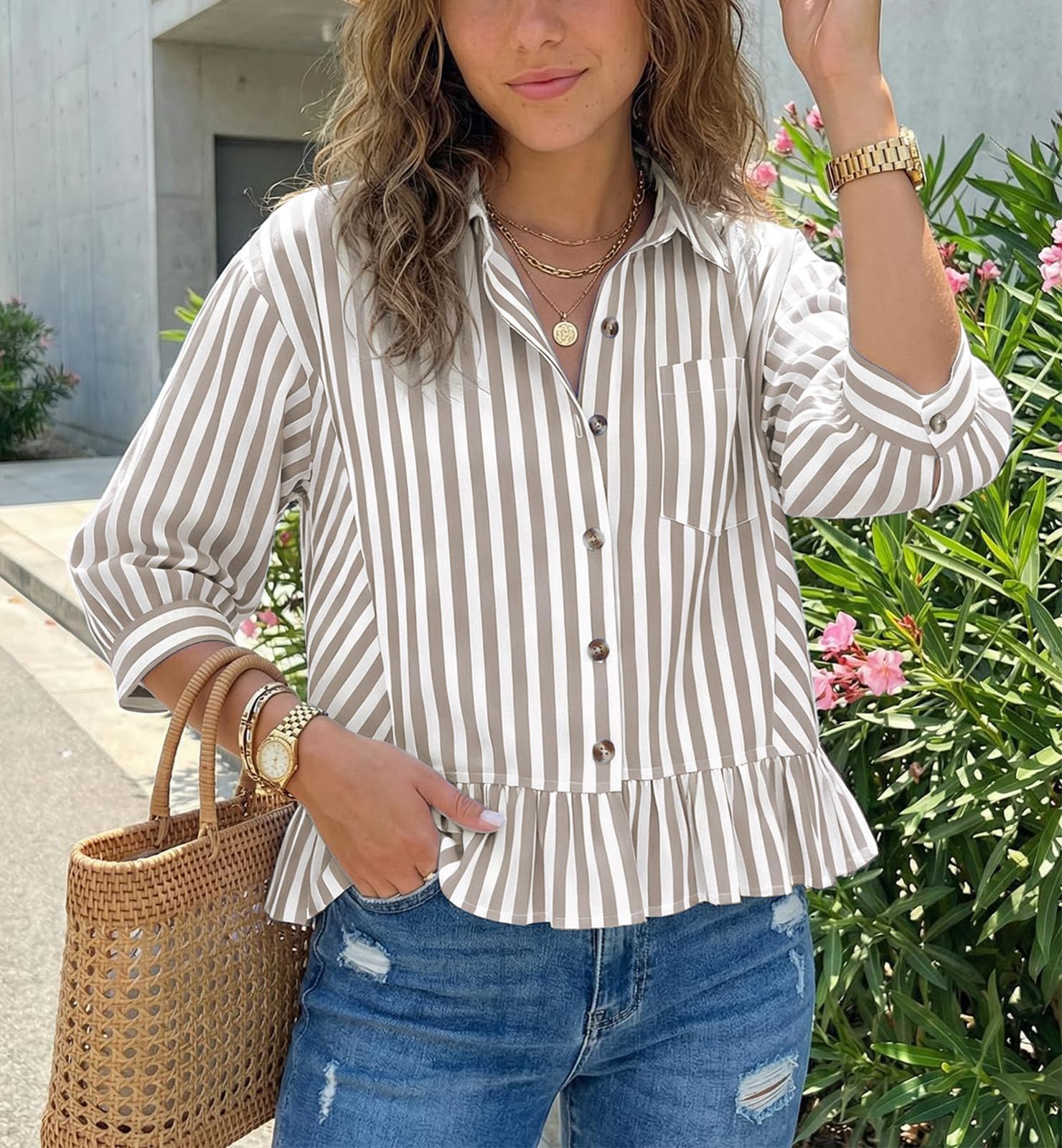 Chemise boutonnée bohème à manches 3/4 pour femme - Ourlet à volants - Style bohème - Style décontracté - Pour le travail et le bureau