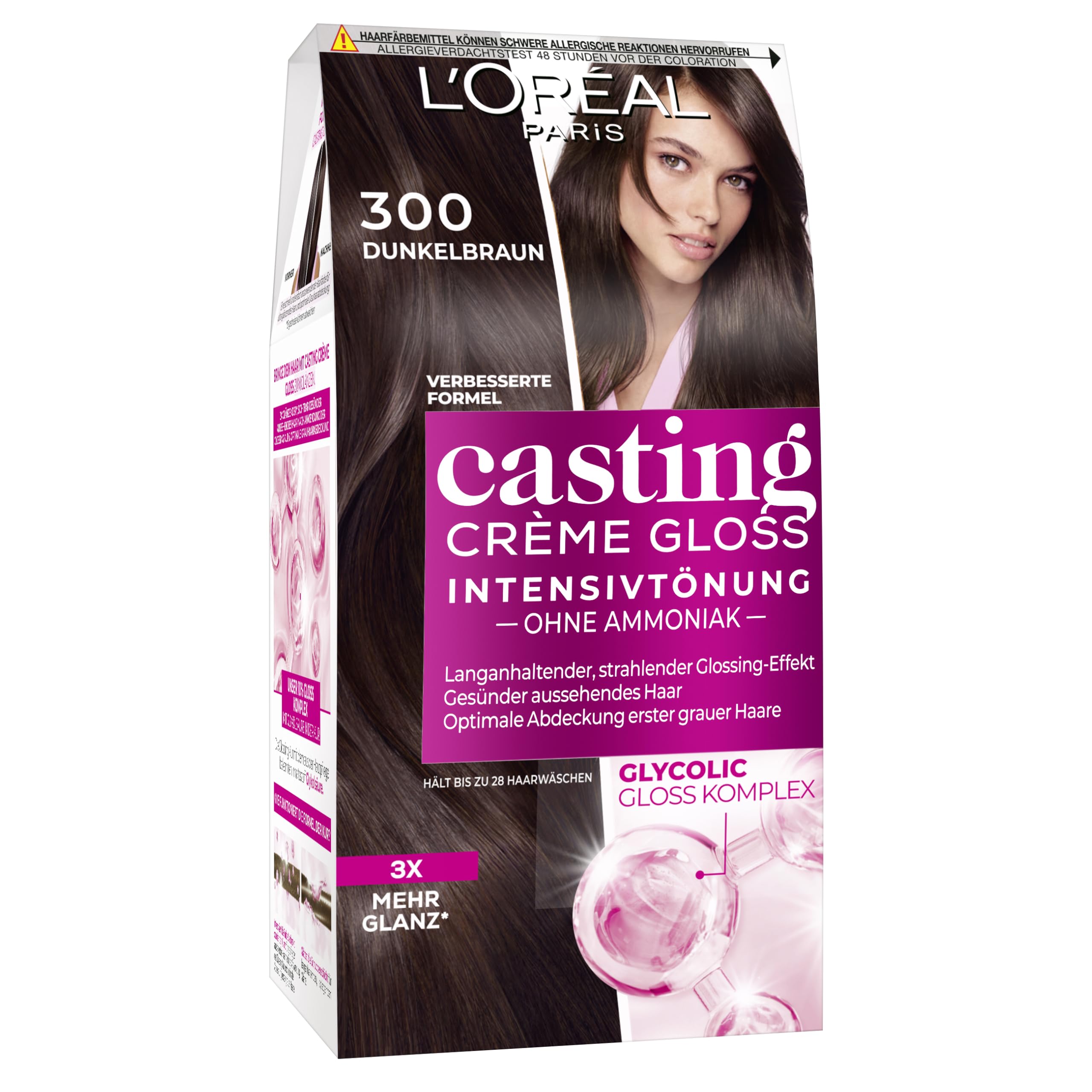 L'Oréal Paris Coloration ohne Ammoniak und ohne Silikone, Pflegende Intensivtönung mit Glanz-Reflex-Balsam, Casting Crème Gloss Haarfarbe, Nr. 300 Dunkelbraun (Braun), 1 Stück