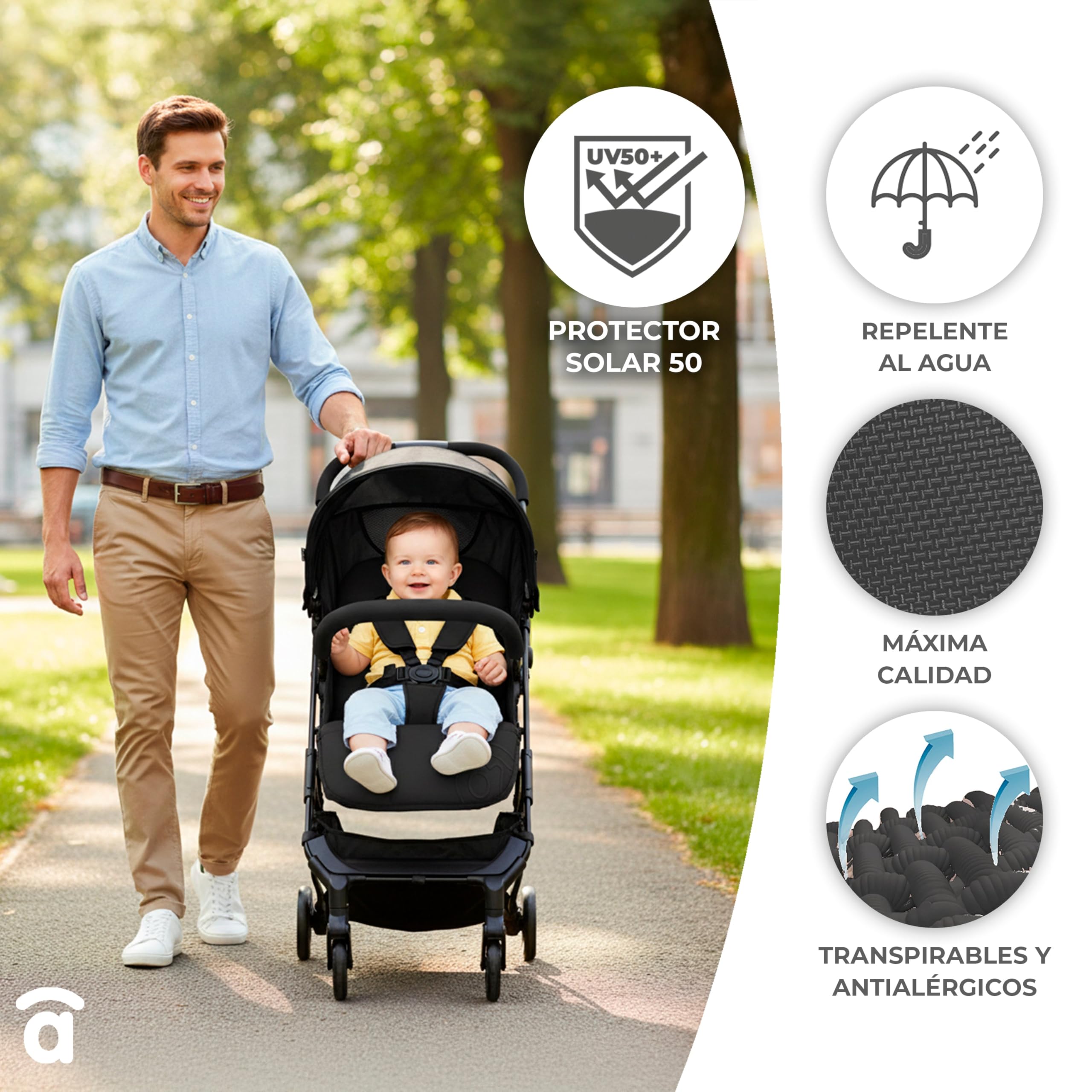 Asalvo TUMBUCTU Poussette ultra légère pour bébé, dossier inclinable, poussette urbaine, harnais 5 points, SPF50+, capote avec fenêtre, maniable, dès la naissance jusqu'à 23 kg, noir