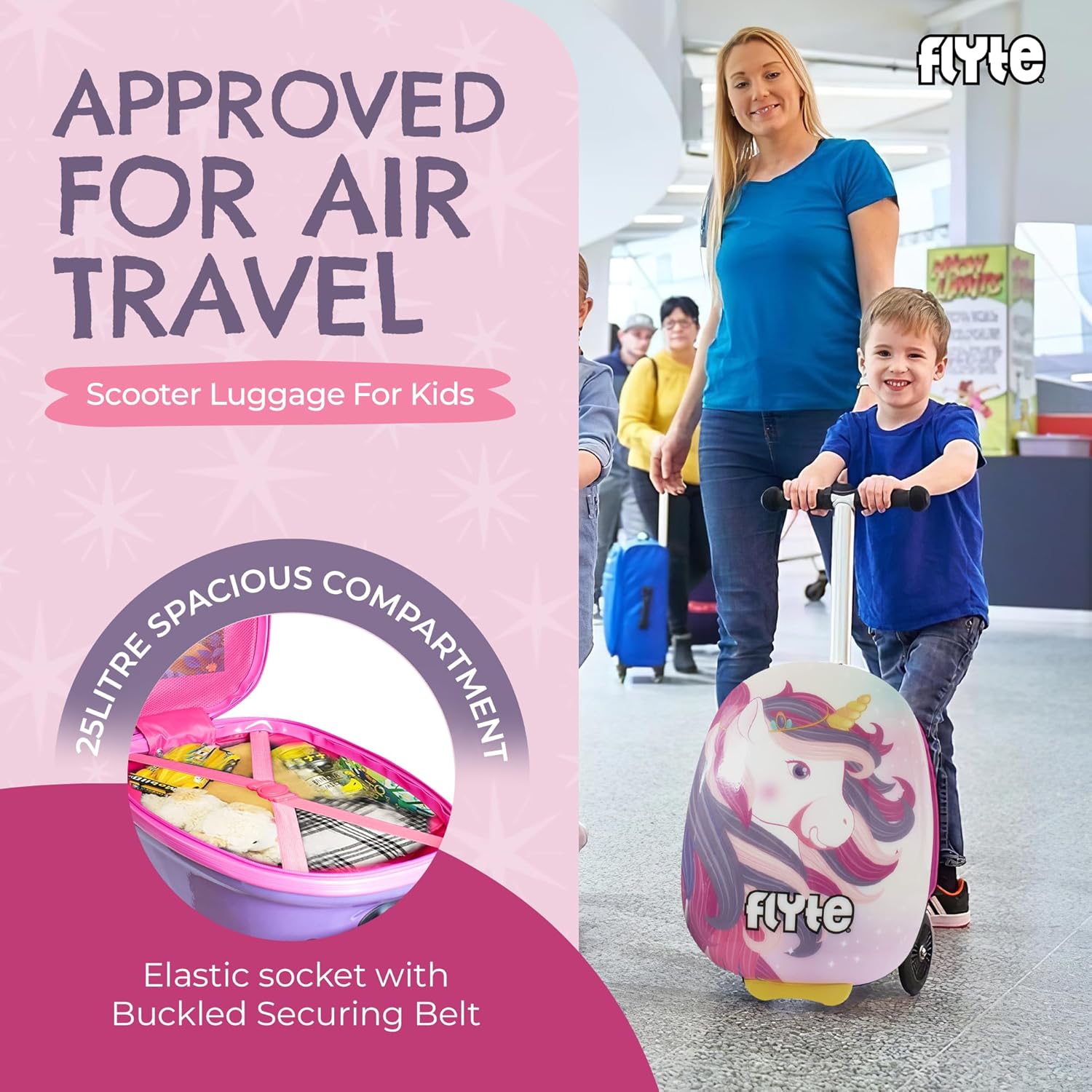 FLYTE Scooter Suitcase Folding Kids Luggage – Luna the Unicorn, 18 Inch Hardshell, Ride On with Wheels, 2-in-1, 25 Litre Capacity