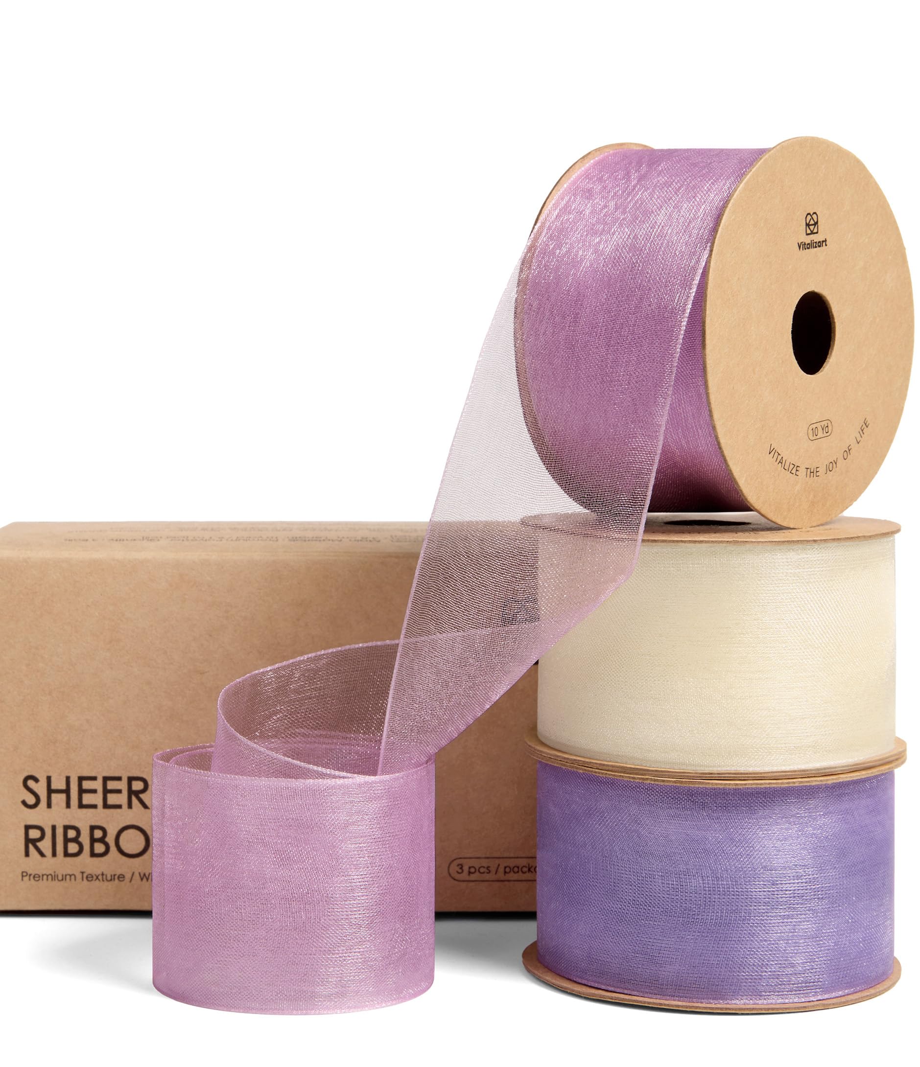 Vitalizart 1.5" x 30 Yd Purple & Cream Organza Ribbon 3 Rolls x 10 Yd, Fabric Sheer Ribbons for Gift Wrapping, Crafts, Wedding Invitations, Christmas Wreath Bows, Bouquet