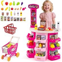 COSTWAY Shopping Trolley with Shopping Trolley Children's Shopping Shop with Scales Shelves Scanner with Light & Sound Supermarket Including Game Food & Accessories Shopping Shop for Children from 3 Years Pink