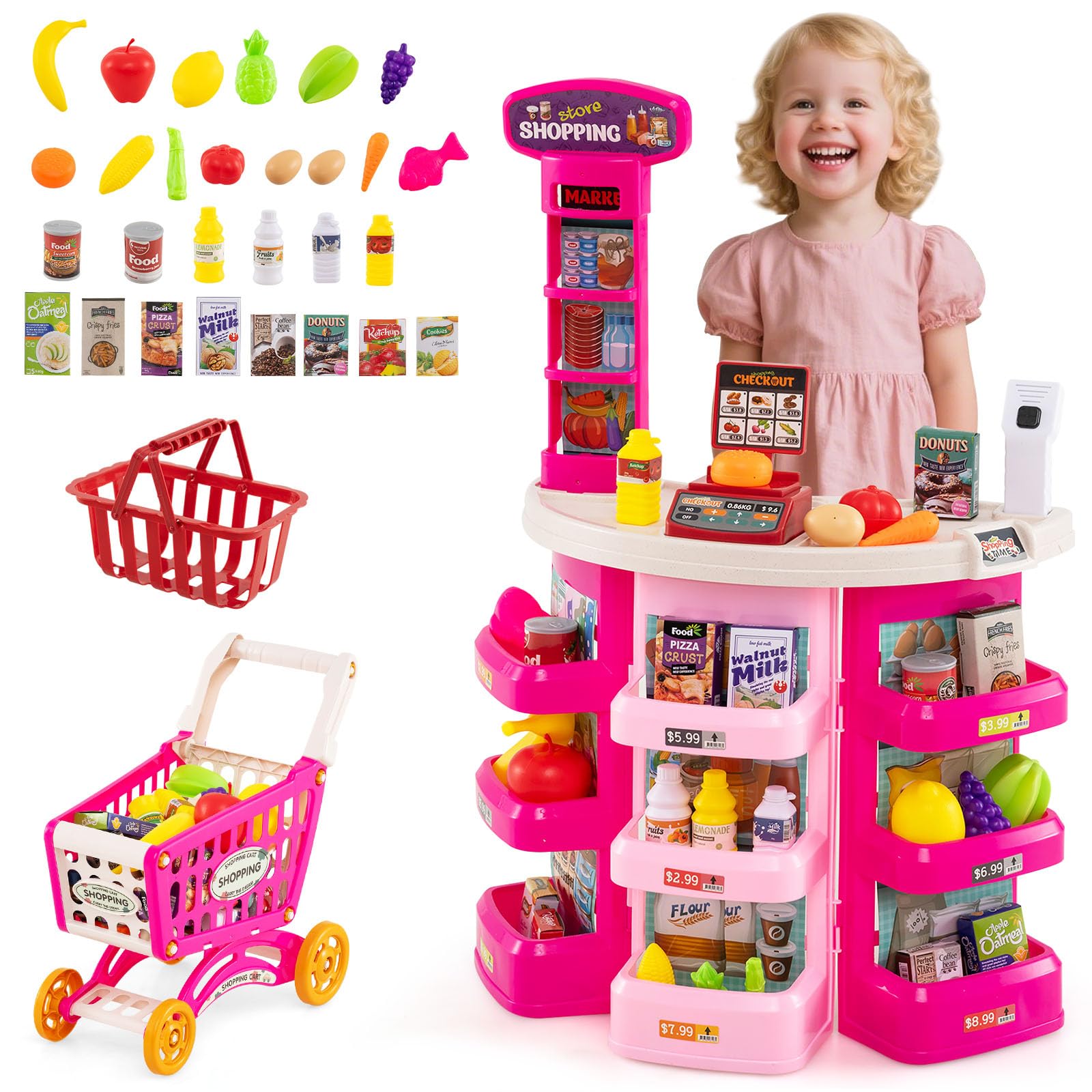 COSTWAY 29 PCS Marchande Enfants avec Chariot de Courses & Scanner avec Lumière et Son, Supermarché Enfant avec Étagères, Caisse & Balance, pour Garçons Filles 3+ Ans (Rose)