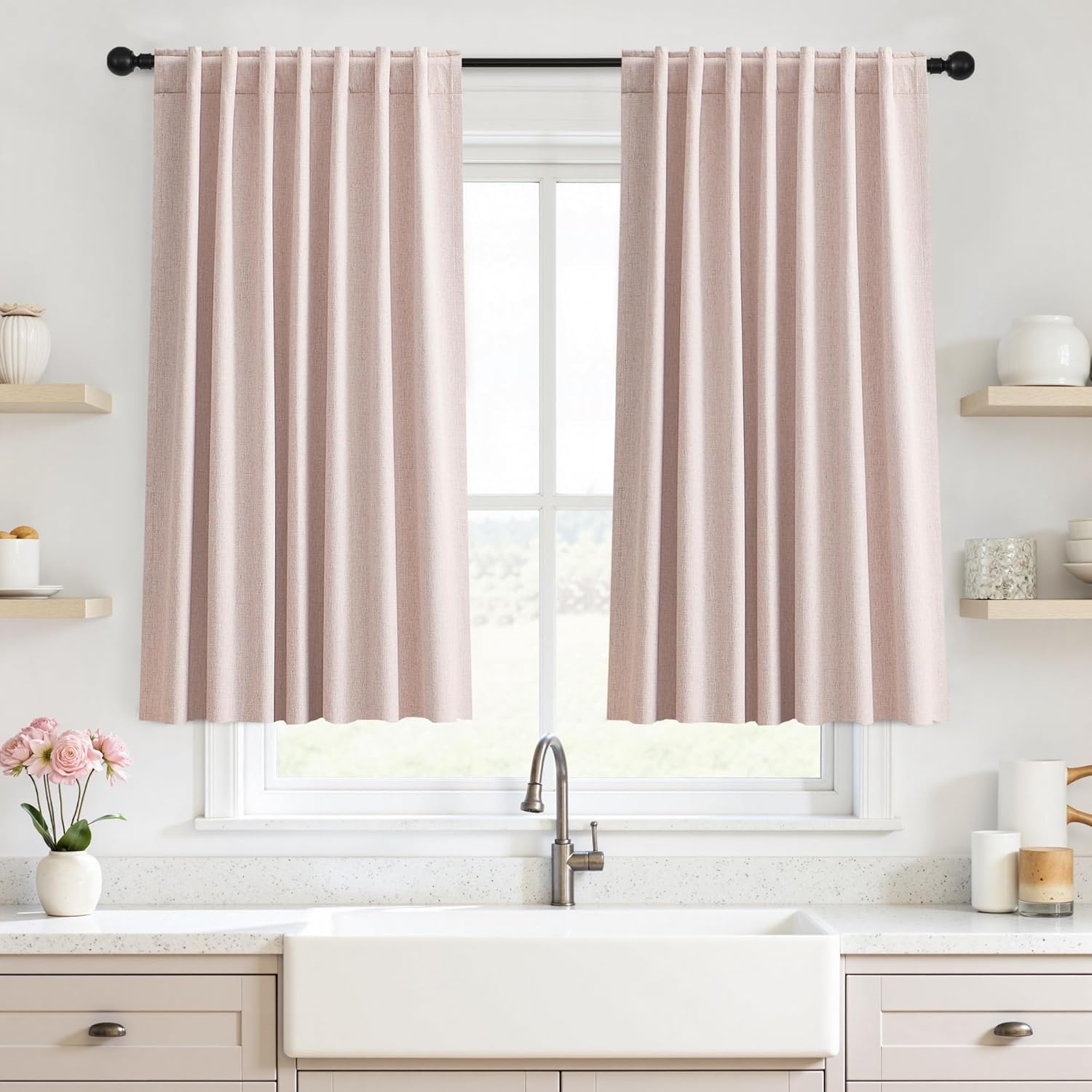 Blackout Curtains 45 Inch Long for Bedroom Living Room 2 Panels Set, Linen Black Out Curtain Thermal Insulated Noise Reducing Room Darkening Pink Drapes with Back Tab