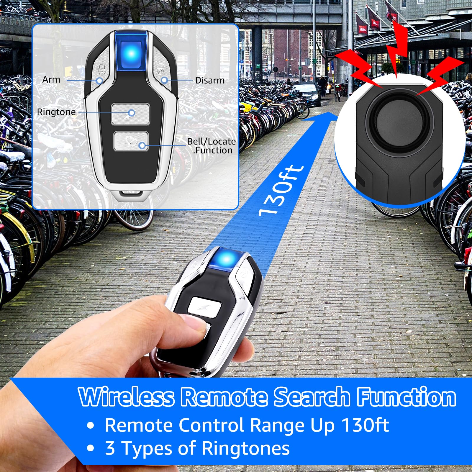 NineLeaf Alarmanlage Fahrrad, Drahtlose Motorrad Fahrrad Alarm, Diebstahlsicherung Alarm Mit Fernbedienung, IP65 Wasserdicht, 113 dB Super Laut, SOS-Funktion, Lautstärkeregelung einstellbar,2PK