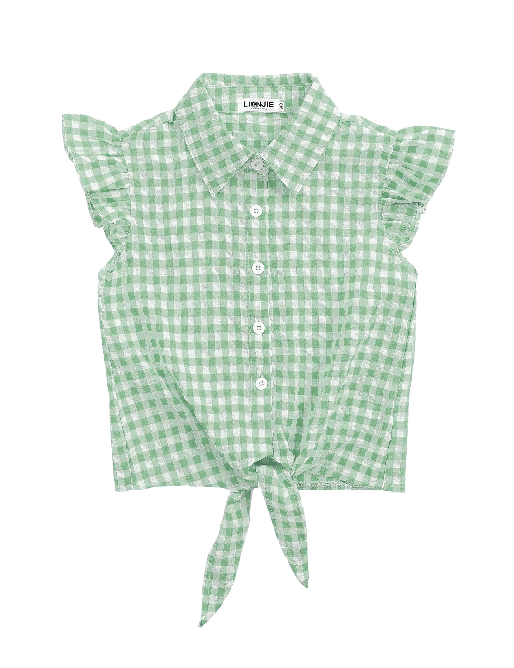 Girls Sleeveless Plaid Button Down Shirt Summer Crop Tops Tie Knot Ruffle Sleeve Shirt Blouse 3-12Y