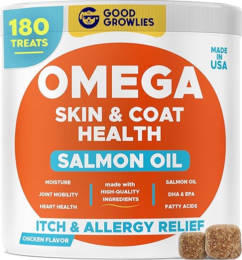 Omega 3 Alaskan Fish Oil Treats for Dogs (180 Ct) – Dry & Itchy Skin Relief + Allergy Support – Shiny Coats – EPA&DHA Fatty Acids – Natural Salmon Oil Chews Promotes Heart, Brain, Hip & Joint Support