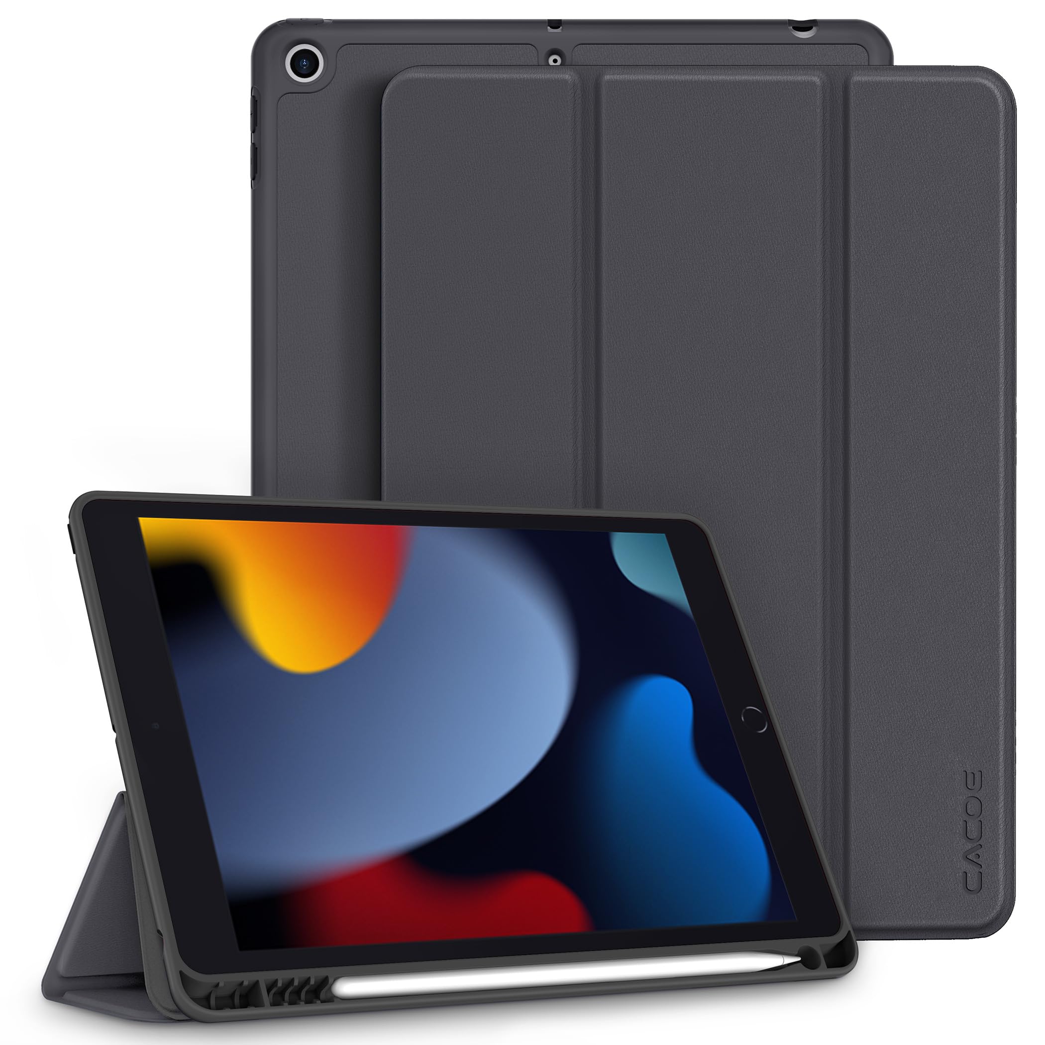 CACOE Cover Custodia Compatibile con iPad 9a Generazione 2021/iPad 8a Gen 2020/iPad 7a Gen 2019, Leggero Cover Protettivo Supporto con Pencil Holder per iPad 10.2, Grigio Scuro