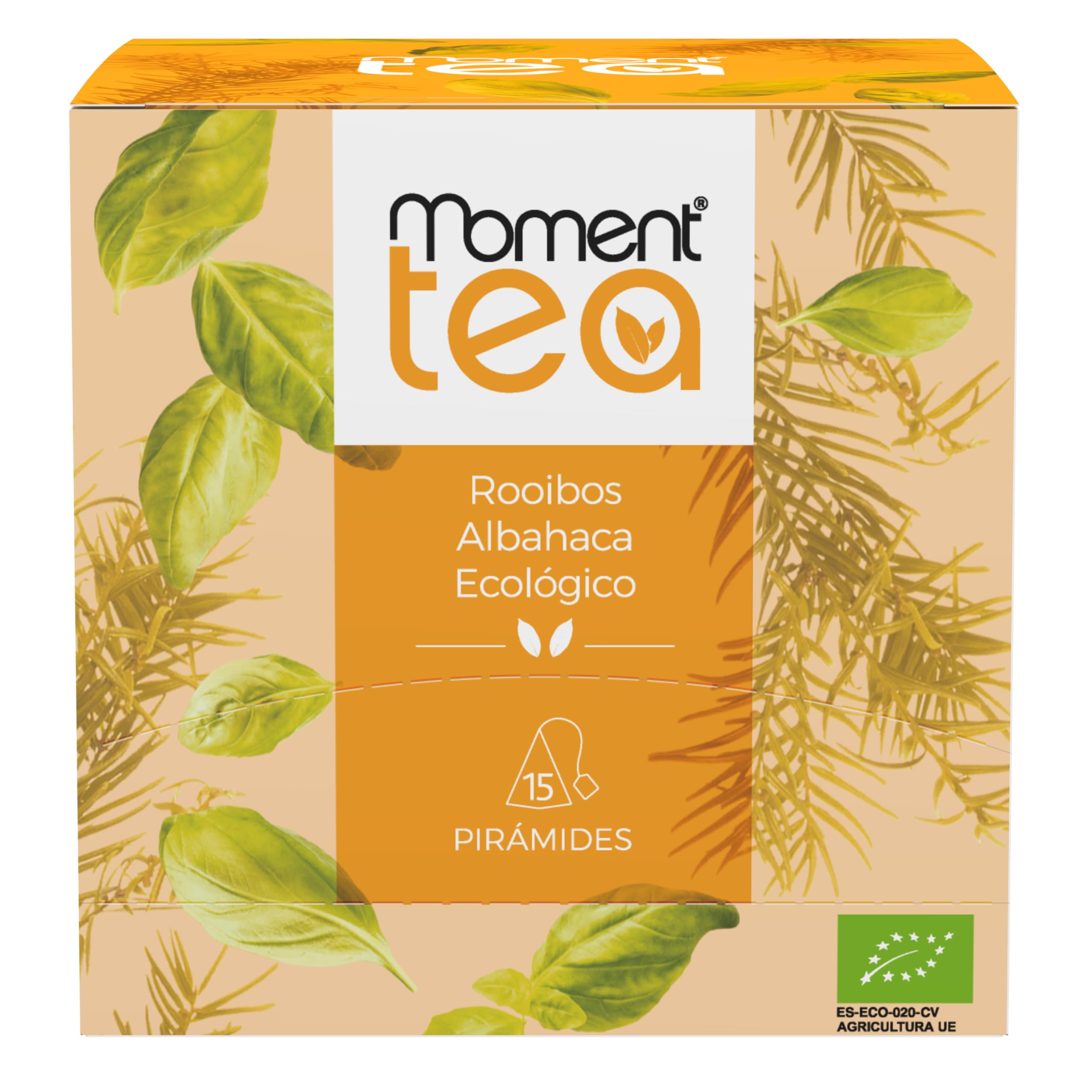 Moment Tea- Infusión Rooibos Albahaca Ecológico estuche de 15 pirámides de 2g (Paquete de 5)