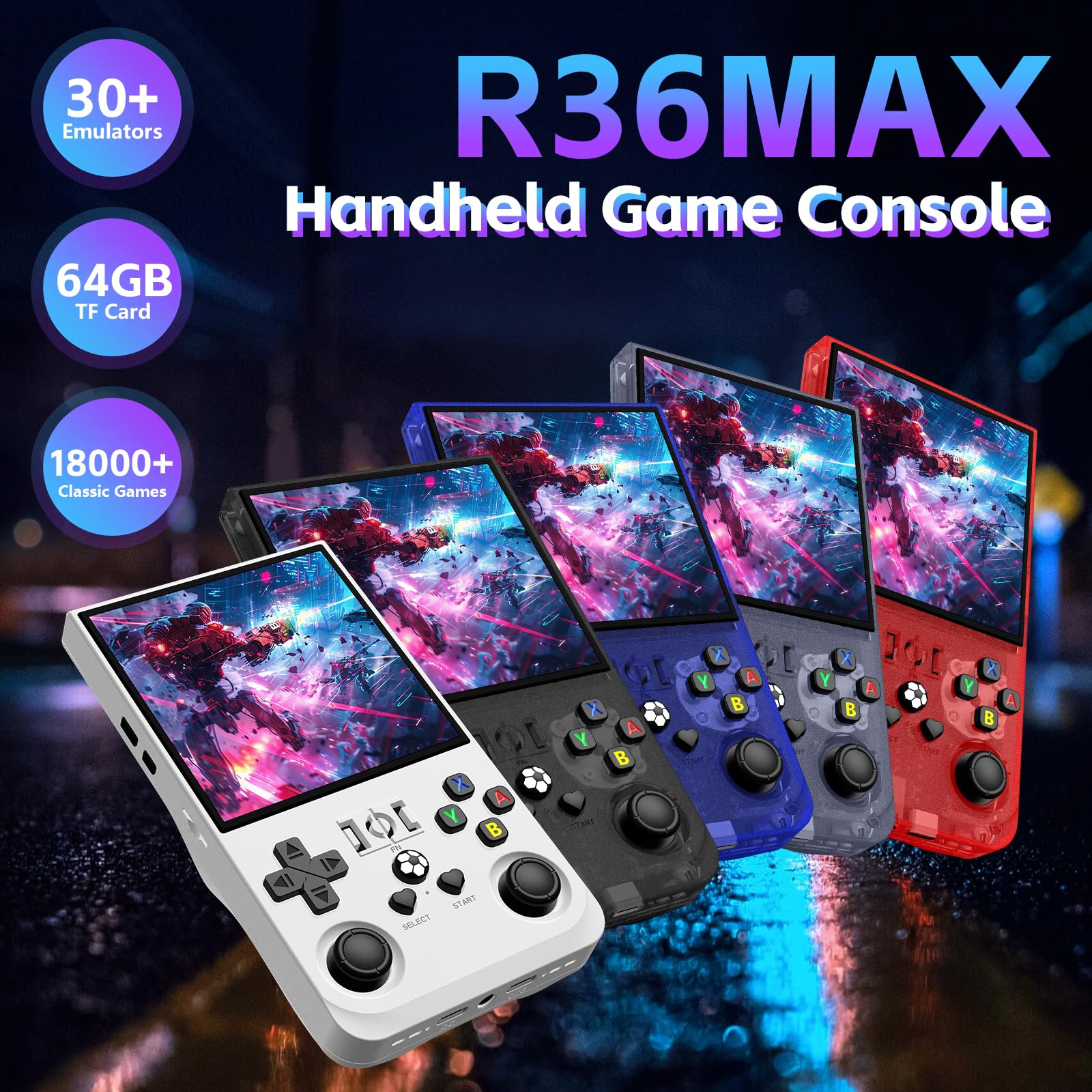 R36MAX Retro-Handheld-Spielkonsole, Retro-Spielkonsole mit 4,0-Zoll-IPS-HD-Bildschirm, Open-Source-Linux-System und 4000-mAh-Akku (Rot 64GB)