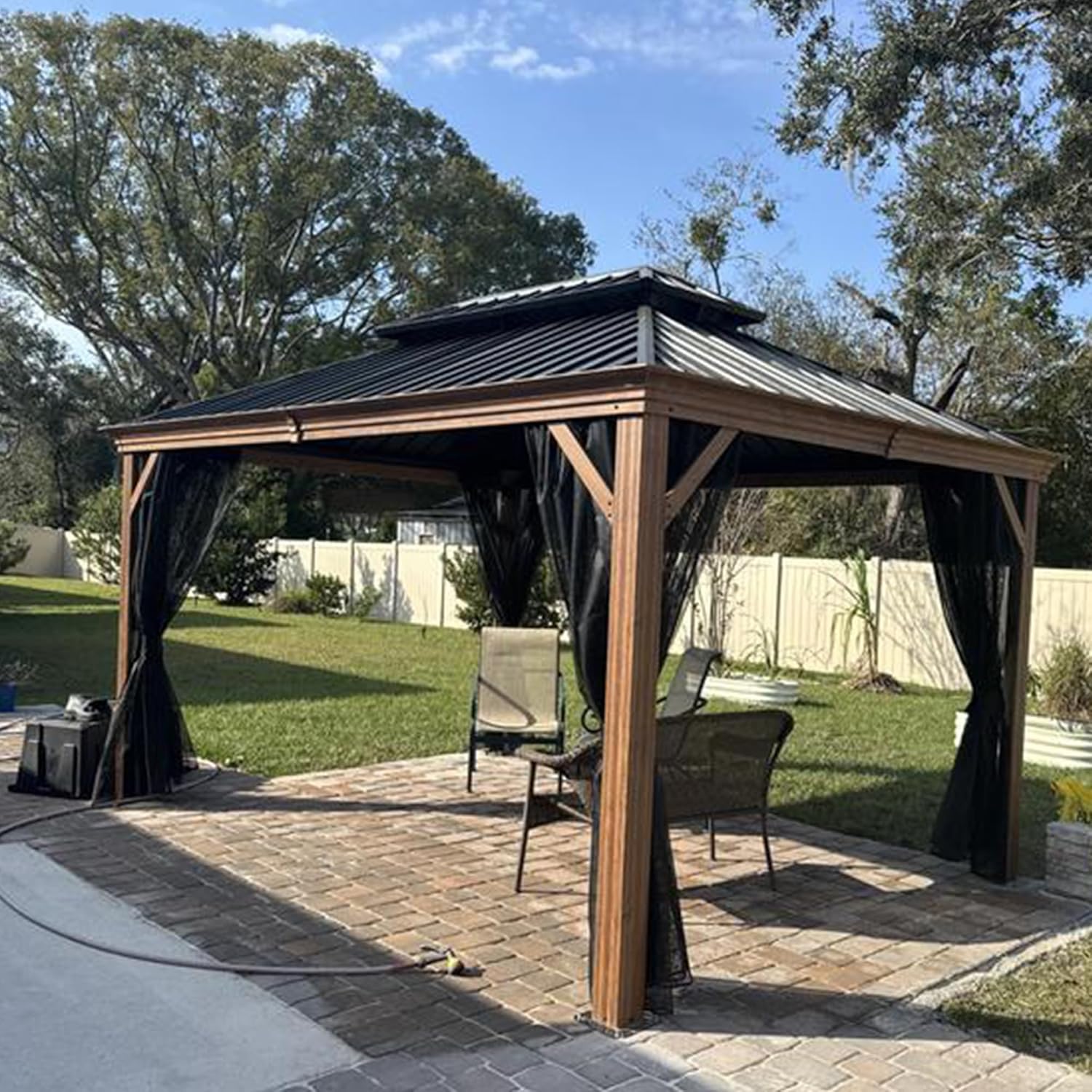 Product image of PURPLE LEAF 12' X 14' Outdoor Hardtop Gazebo for Patio Galvanized Steel Double Roof Permanent Canopy Teak Finish Coated Aluminum Frame Pavilion Gazebo with Netting