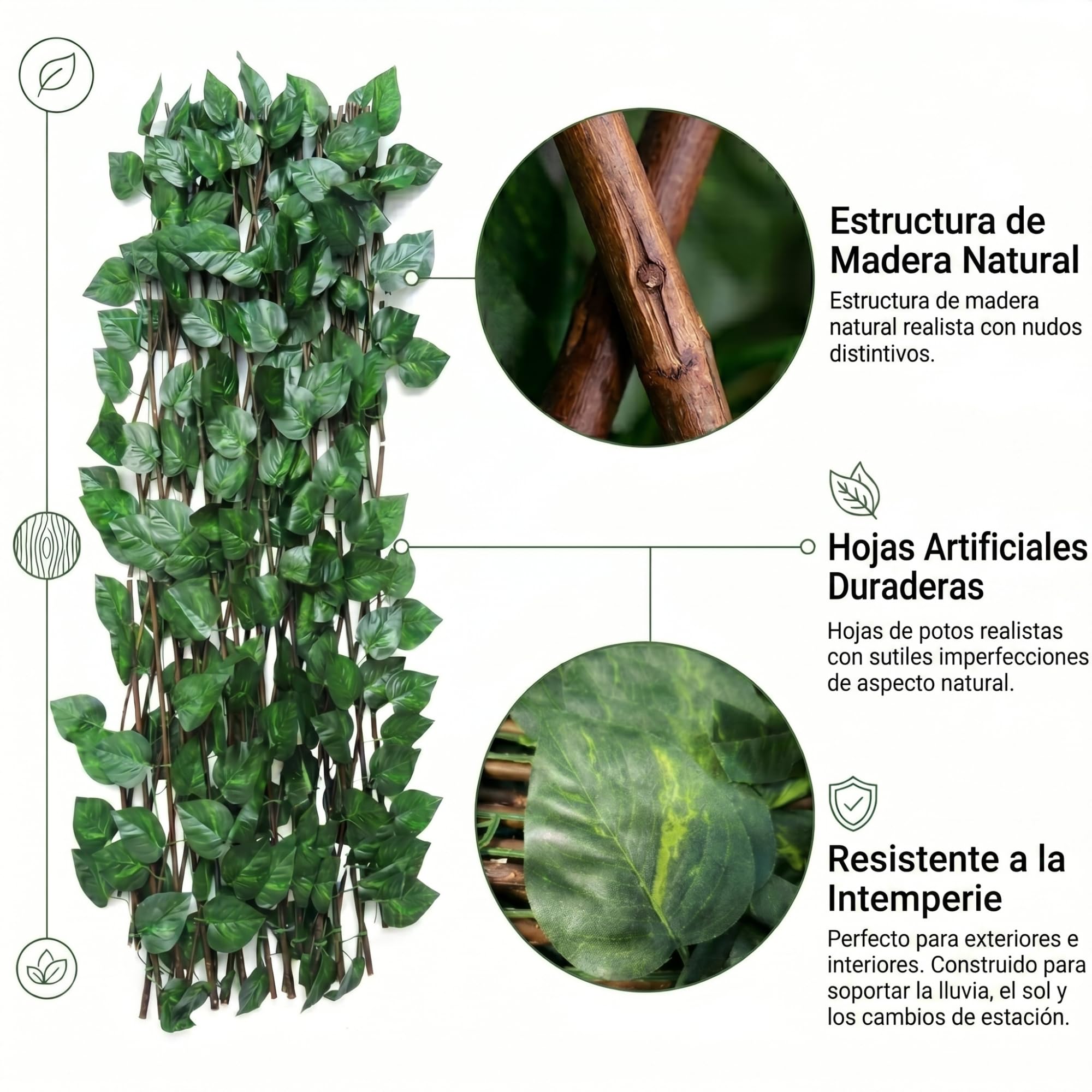Celosia para Terraza Exterior Extensible 100x200cm de Madera y Hoja Potos Incluye Bridas – Decorativa, Resistente y Versátil – para Jardín, Balcón y Terrazas