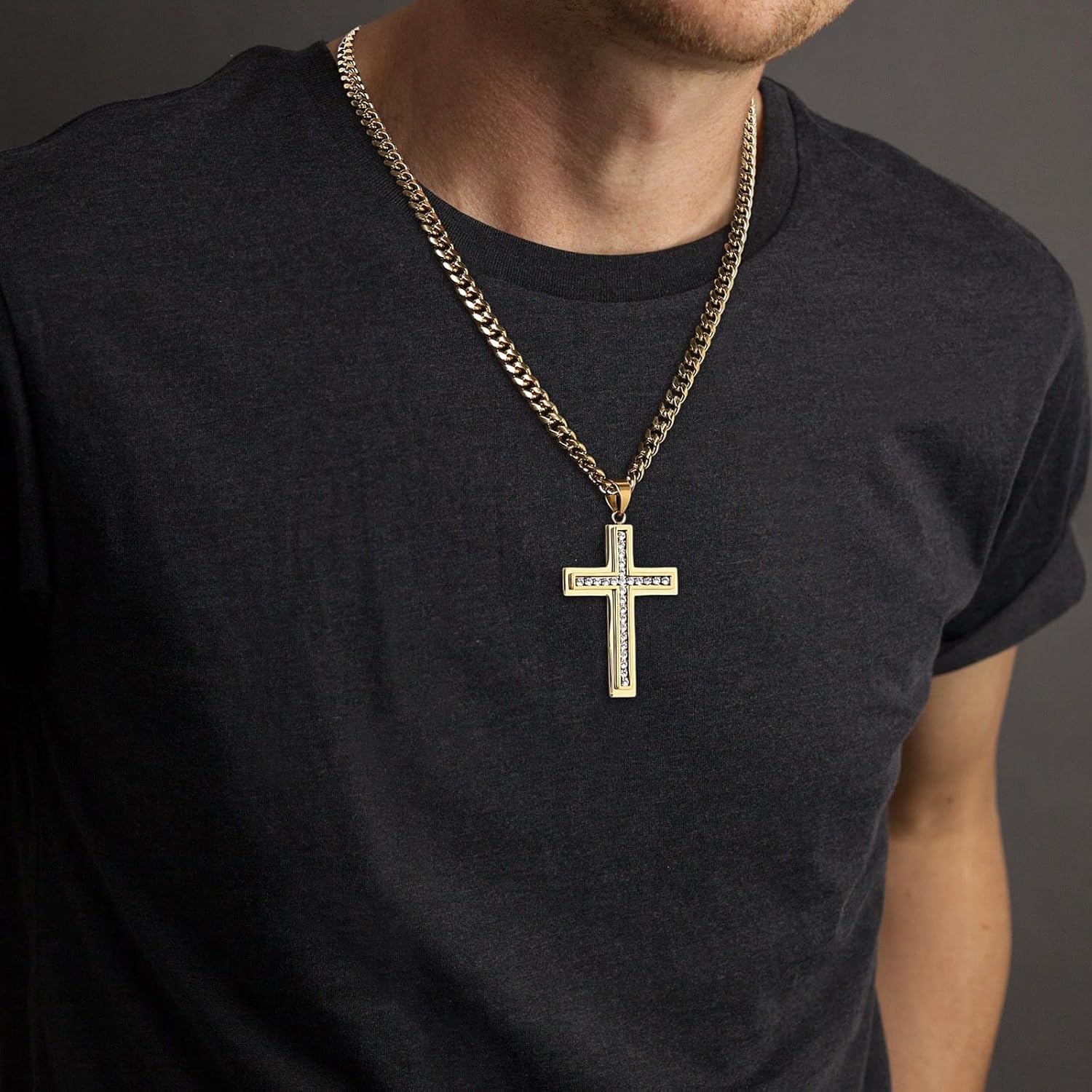 HZMAN Cross Necklace for Men Stainless Steel Cross with Cubic Zirconia Inlay Pendant Necklace with 7mm Cuban Chain 24In - Image 2