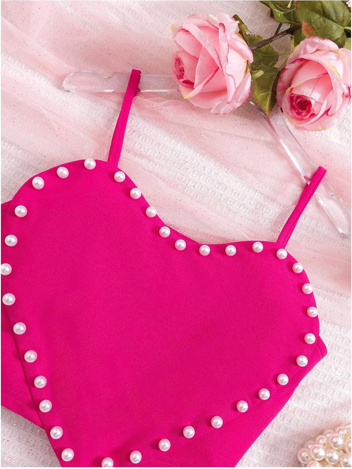 OYOANGLE Girl's Cute Pearl Beaded Spaghetti Strap Cami Top Asymmetrical Hem Slim Fit Crop Tops