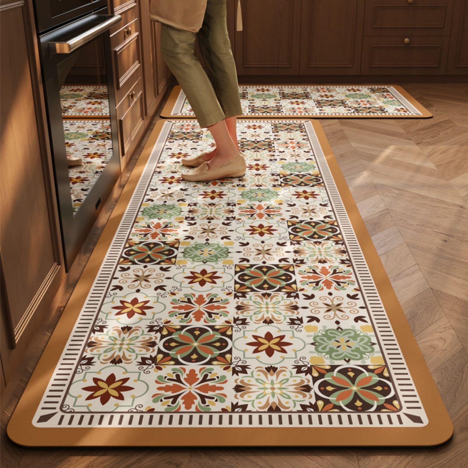 Tappeto Cucina 50X80Cm+50X60Cm Marrone Arancione Moderni Tappetini Da Cucina 2 Pezzi,Antiscivolo Impermeabile Tappeti Da Cucine,Lavabile, Adatto Per Corridoi, Cucine, Bagni