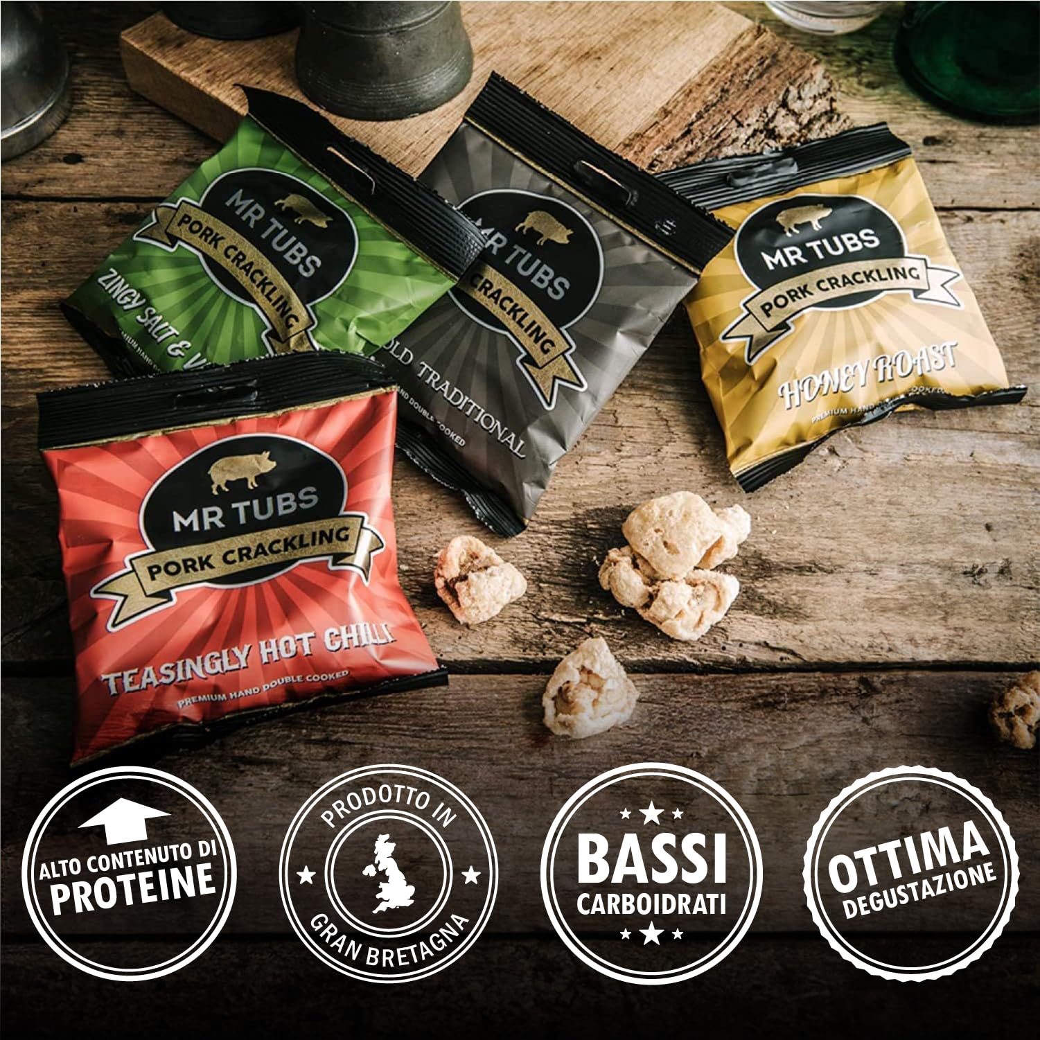 Ciccioli di Maiale di Qualità Mr Tubs Cotti due Volte - Pacchetti In Alluminio di Sapori Diversi - Ciccioli Pregiati e Non Scarti d Maiale (12 Sachets, Mixed)