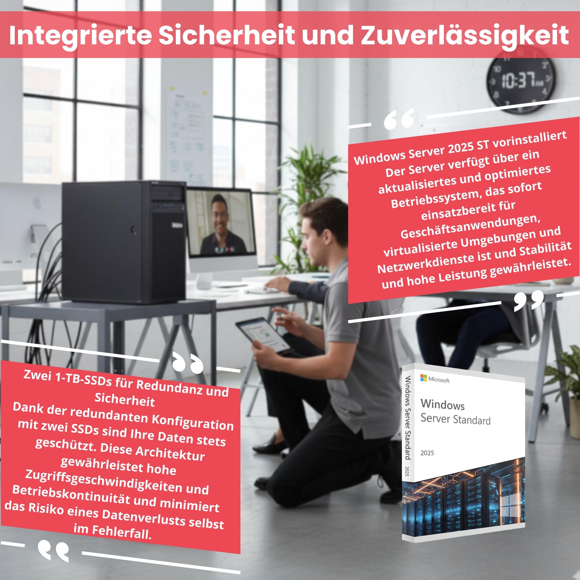 Lenovo ThinkSystem ST50 Server Intel Xeon E-2224G 16 GB ECC RAM 2×1 TB SSD Win Server 2025 Standard Generalüberholt