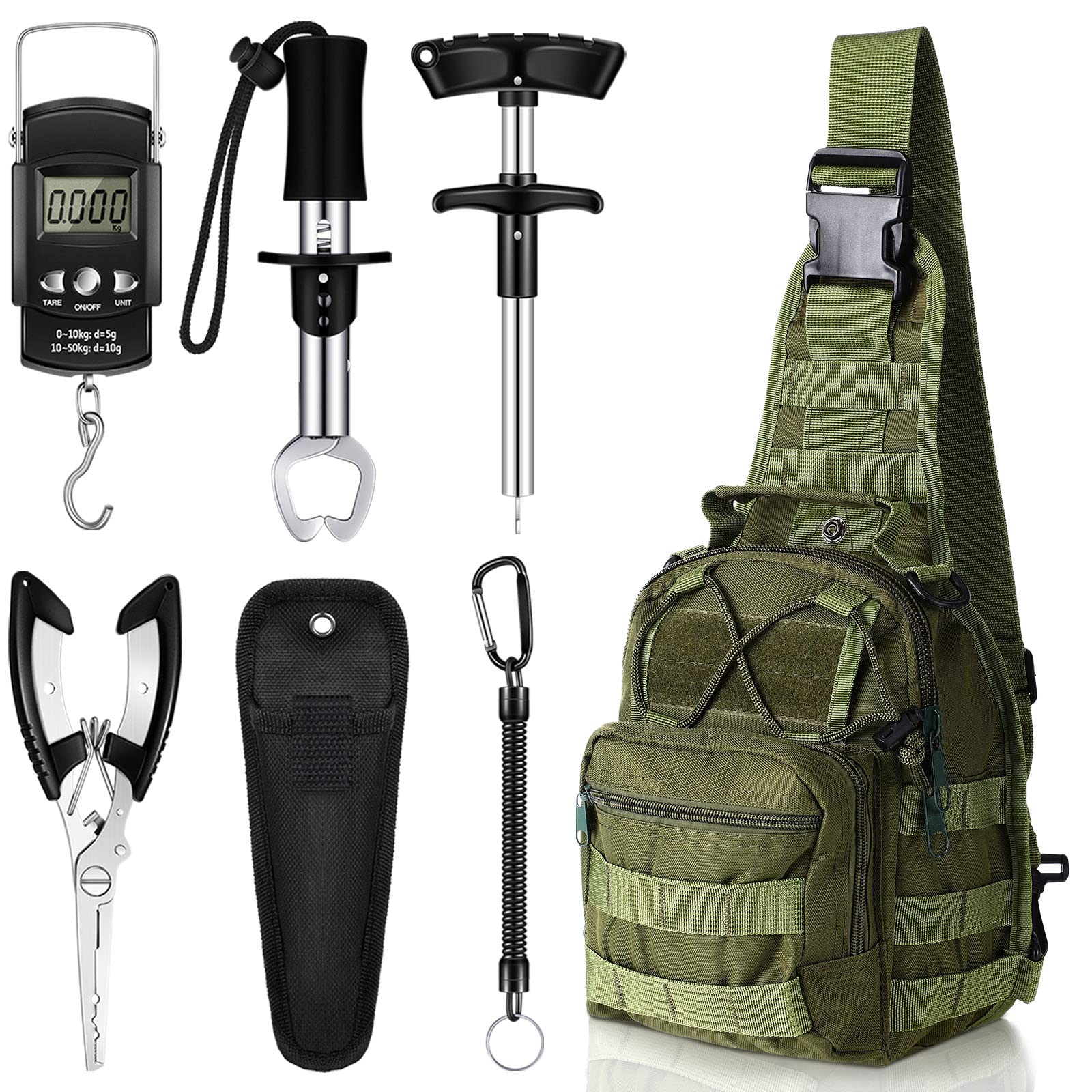 Hungdao 7 Pcs Fishing Tool Kit Fishing Gear Backpack Pliers and Equipment Include Hook Remover Backpack Pliers Kit Scale Gripper Weigh Separator