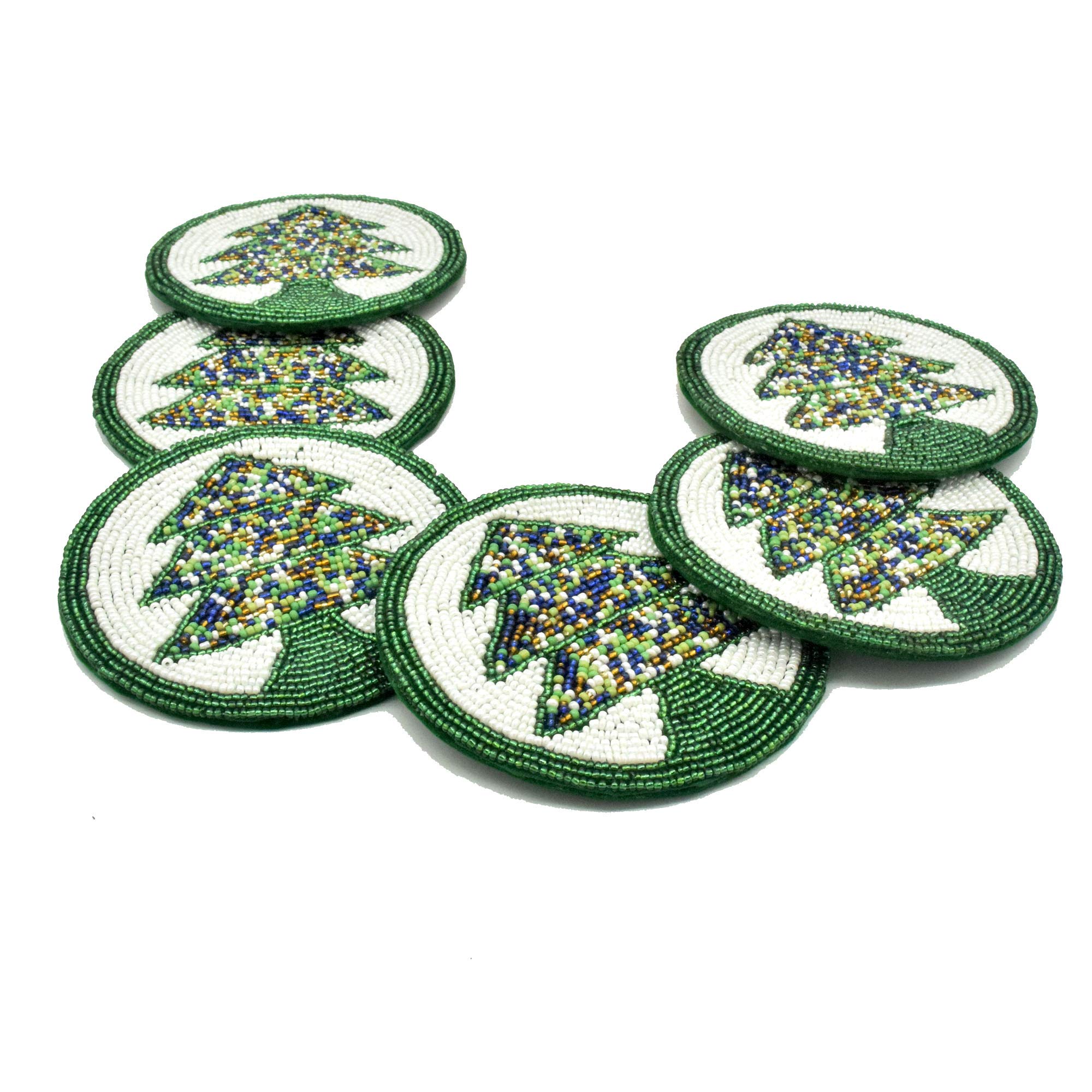 Master Piece Crafts Handmade 4 Inches Round Coasters, 6 Pieces of Coasters, Beaded Multi Colored Floral Christmas Tree Coasters for Dining Table (4 Inches Set of 6)