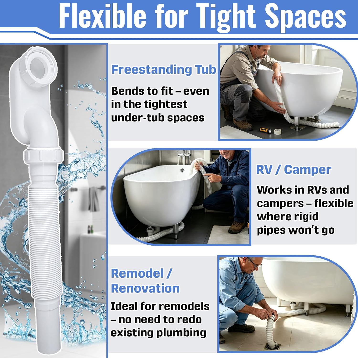 Flexible Freestanding Tub Drain, 1-1/2" P-Trap, Space-Saving | Flexible Design for Awkward Spaces, Low-Profile Saves Clearance, Adjustable Length, Leak-Resistant Slip, Rust-Proof ABS