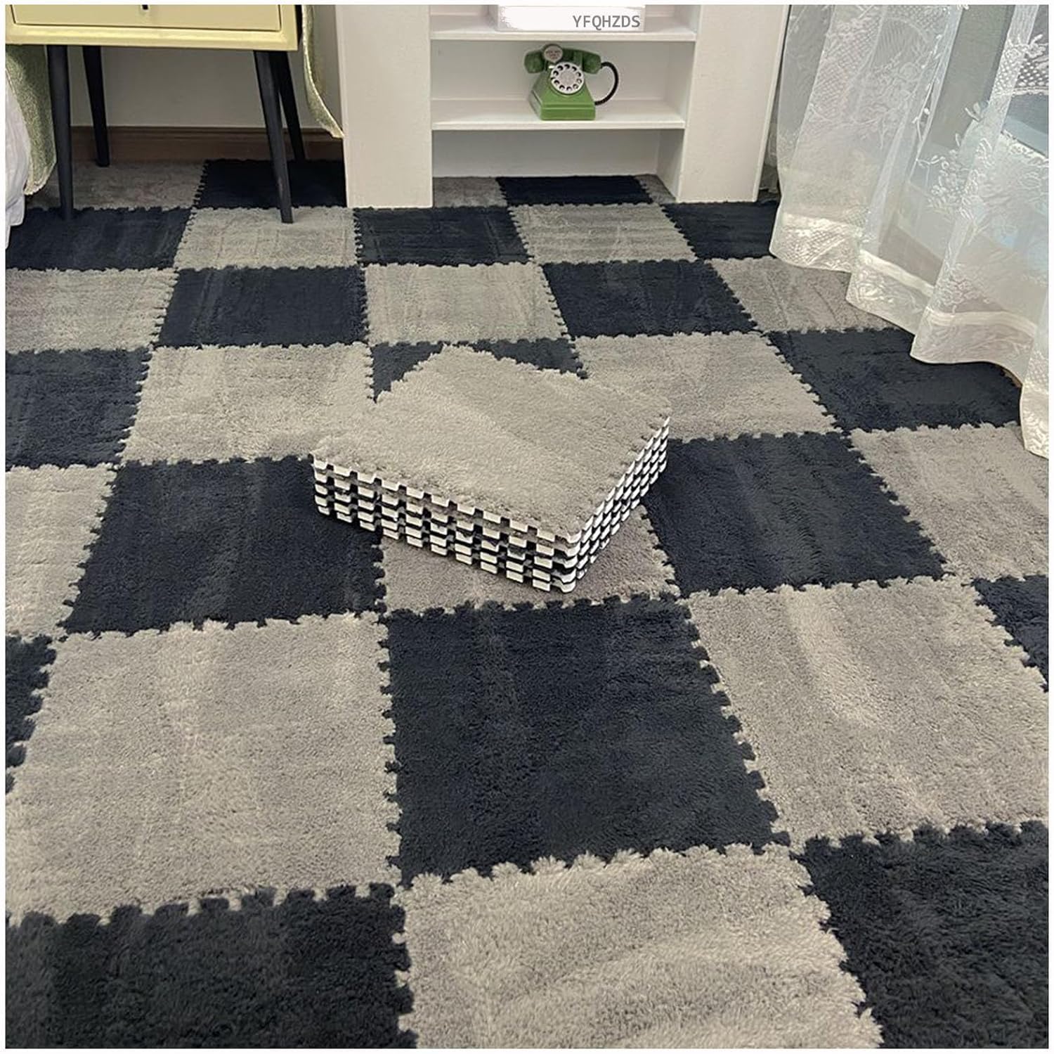 JvFbjLF Soft Plush Interlocking Floor Mats 12x12inch Puzzle Carpet Squares Fluffy Foam Floor Tiles With Border(Black+Gray)