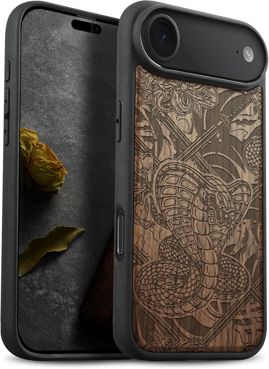 Carveit Magnetic Wooden Case for iPhone Air Case, Wood Artisan Engraved & Soft TPU Shockproof Cover, Compatible with MagSafe 17 Air Wireless Chargers (Vintage Snake & Katana Totem) Walnut