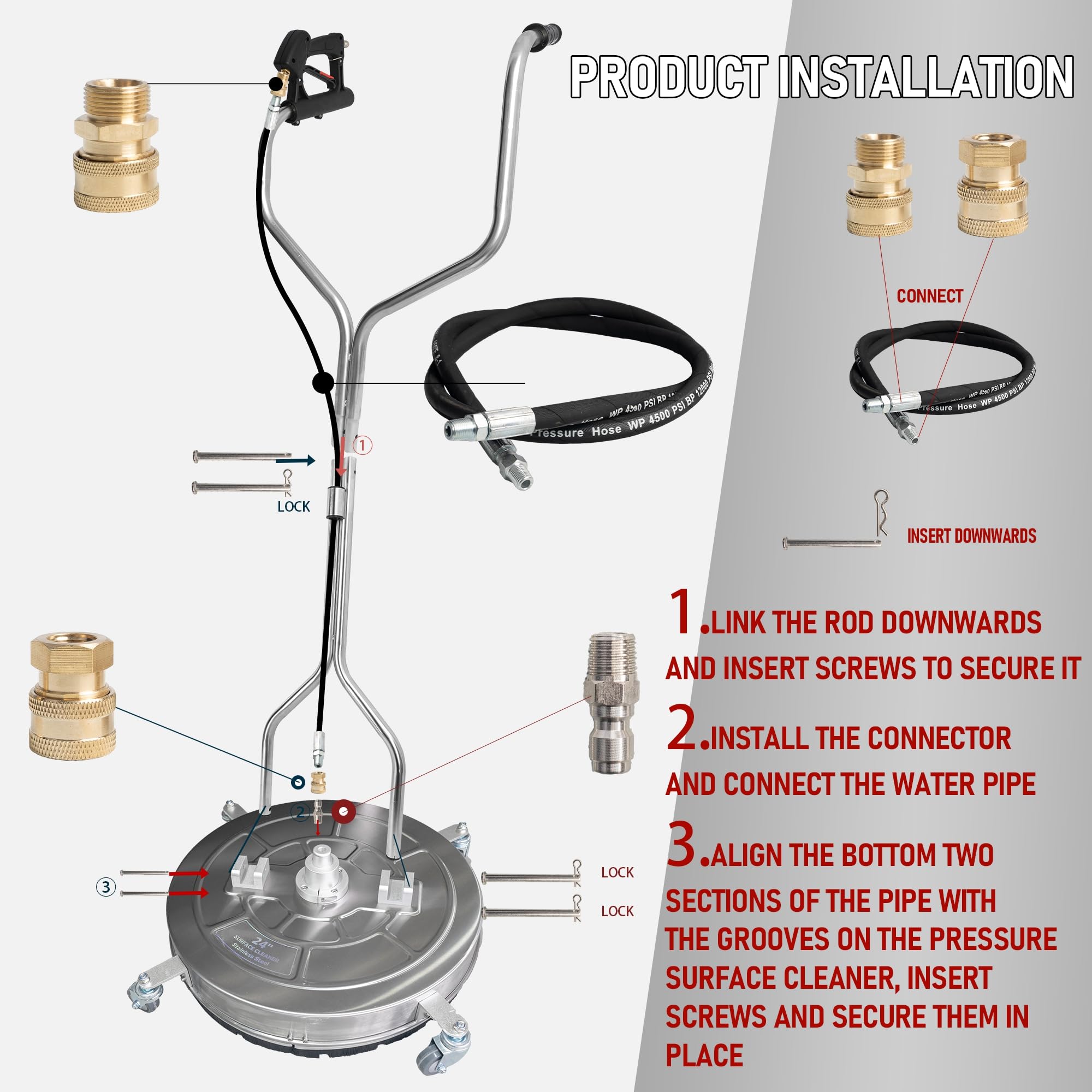 Hourleey Pulitore per superfici idropulitrice da 61 cm, con doppie maniglie, in acciaio inox, con 4 ruote per vialetti, vialetti, marciapiedi, terrazze, 4500 PSI con kit di connettori rapidi da 3/8"