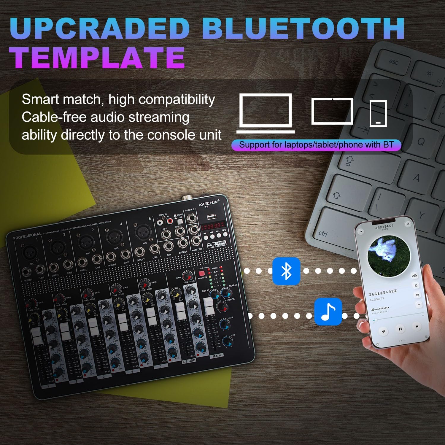 Audio mixer on a desk with a smartphone and laptop, illustrating Bluetooth connectivity
