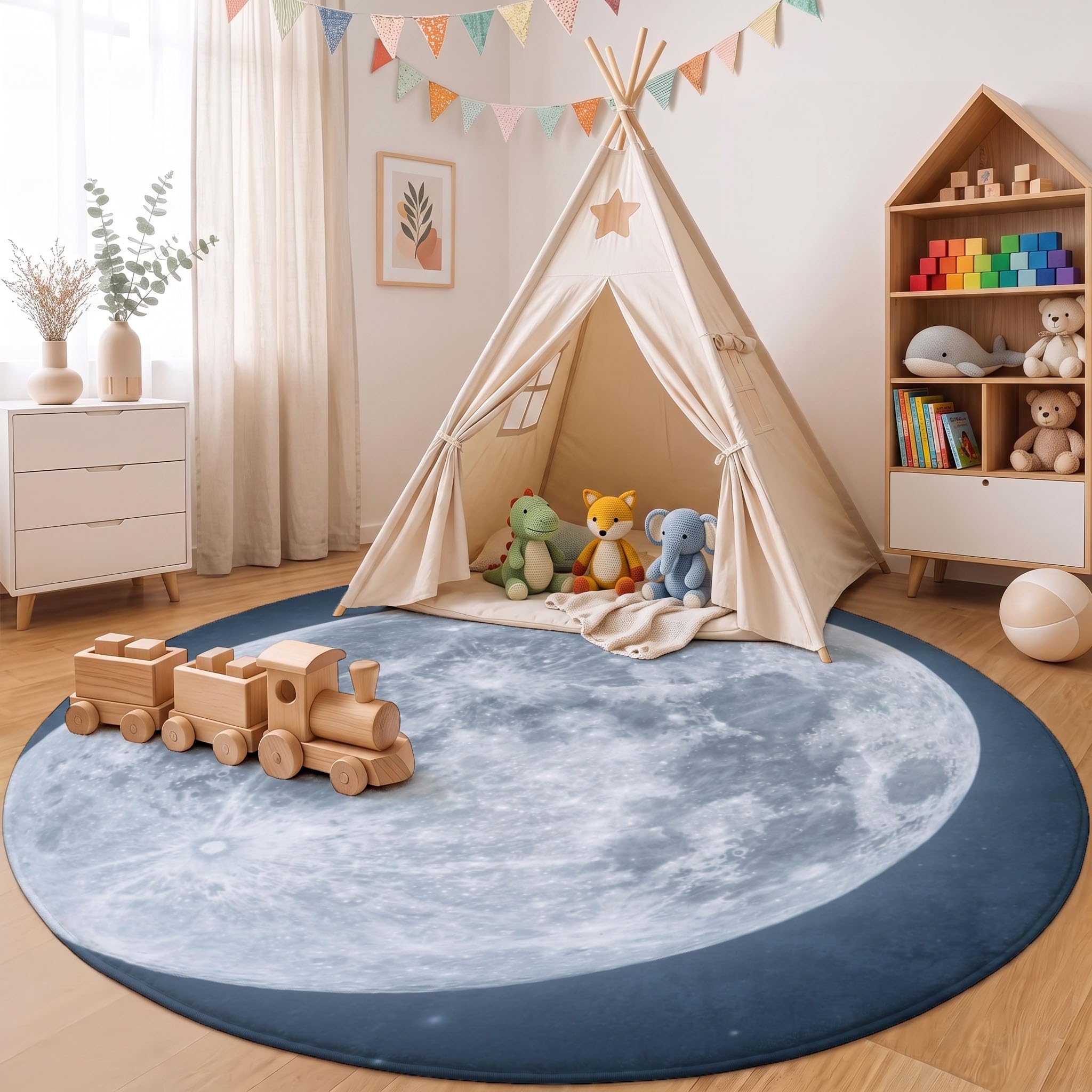 Tapis Rond Espace réaliste 180cm Lavable pour Chambre d'enfant