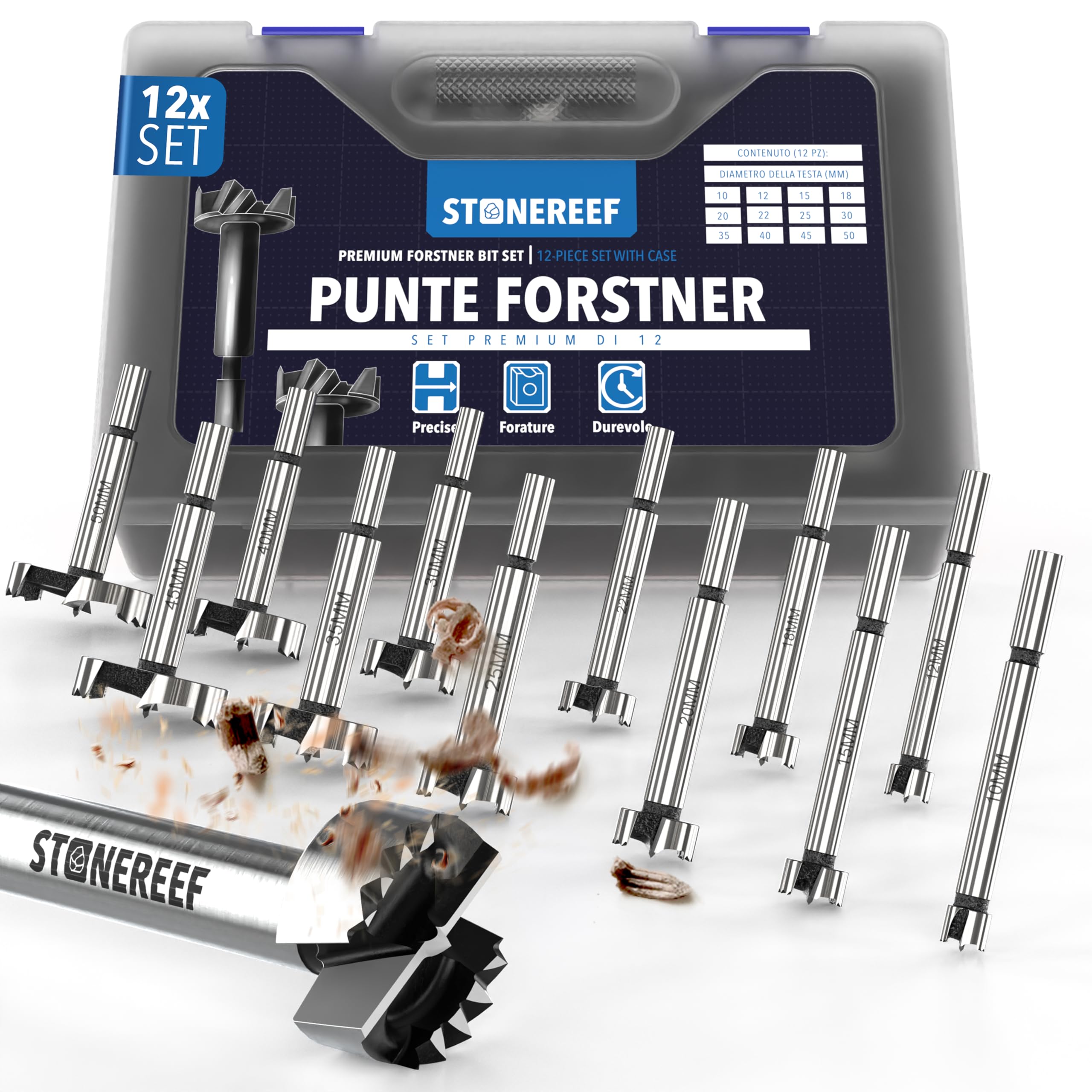 STONE REEF Forstner – Set di 12 punte Forstner da 12–50 mm con scatola portaoggetti, ideale per legno e forature precise. Include punte a tazza, punta Forstner 40 mm e utensili per falegnameria.