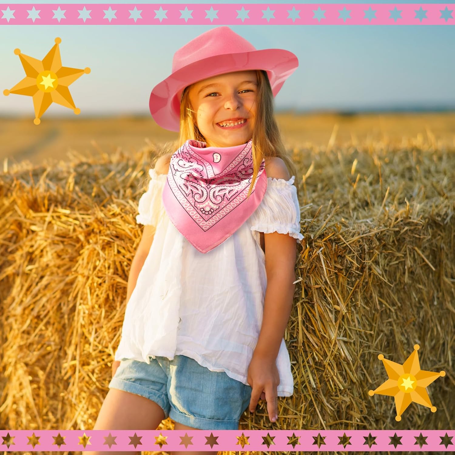 Hillban 72 Pcs Western Cowboy Hat and Paisley Bandana Set for Kids Felt Cowboy Party Hats for Costume Party Favors(Pink) - Image 5