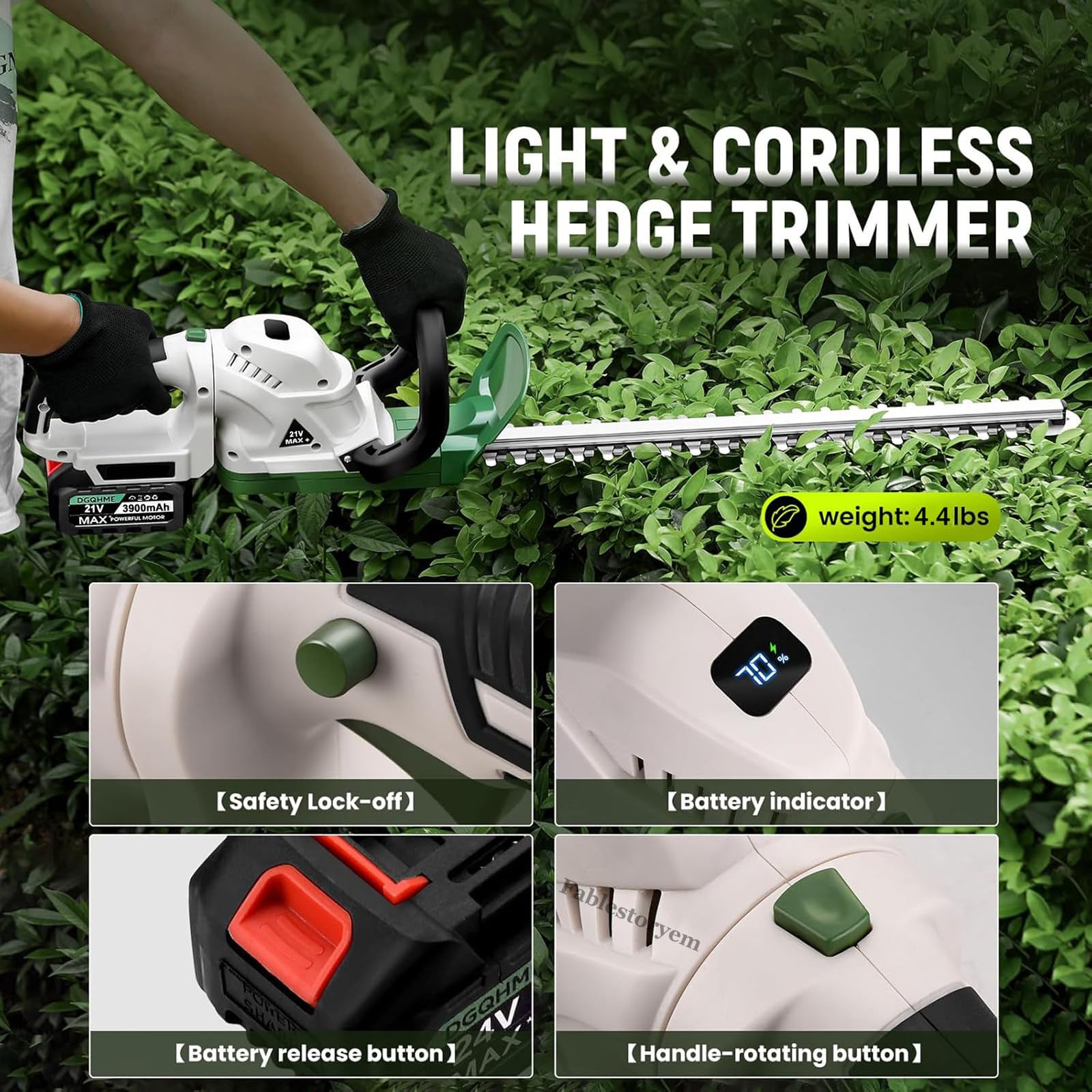 Cortasetos eléctrico inalámbrico de 21 V, Capacidad de Corte de 20 Pulgadas, Cuchillas de Doble acción, batería de Litio de 3900 mAh para el Mantenimiento del césped y el jardín.