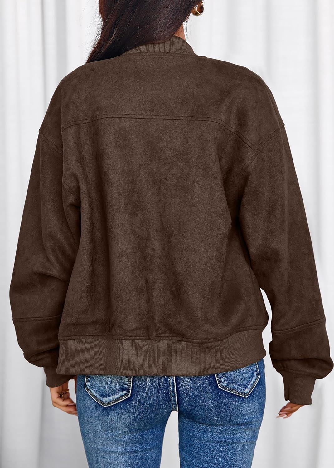 Lazysmile Women's Faux Suede Bomber Jackets Fall Fashion Outfits Winter Clothes Stand Collar Zip Up Coats Outwear