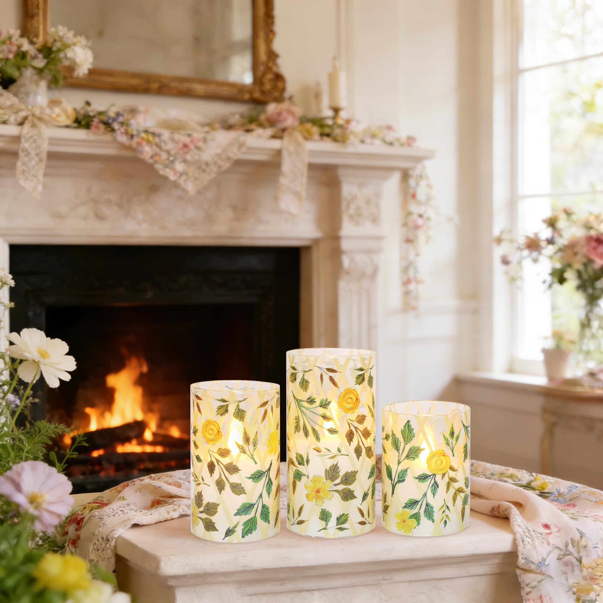 Flammenlose LED-Kerzen mit Fernbedienung und Timer, Gelb Blume Grünes Gras Design, Glas Stumpenkerzen 3er Set