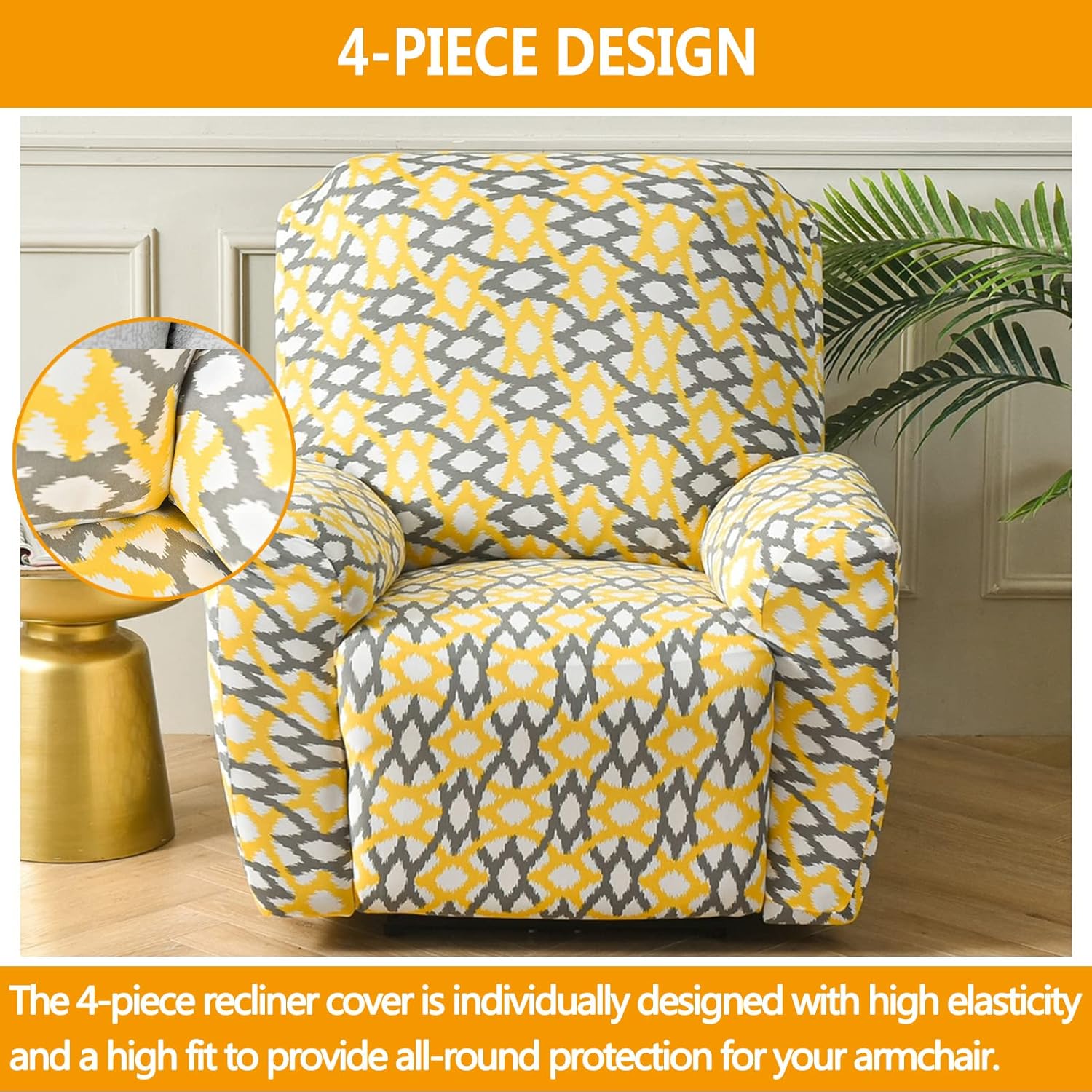 SPOUR Stretch Recliner Chair Covers 4 Pieces, Spandex Reclining Armchair Slipcovers Furniture Protector with Elastic Bottom Non-Slip (Gold Check)