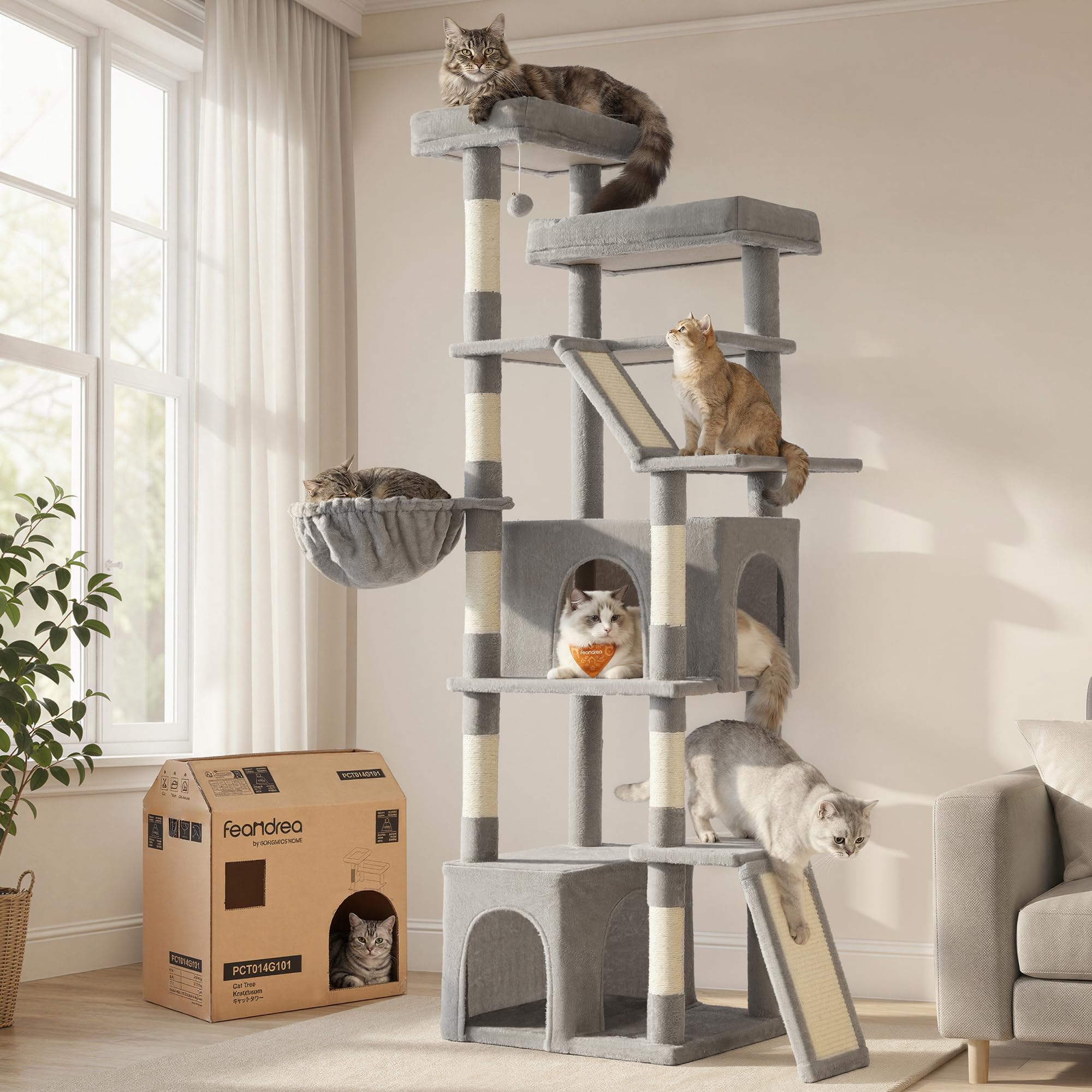 Feandrea Albero per Gatti Alto 184,5 cm, Tiragraffi da Interno di Taglia Grande, Torre Gioco per Gatti, con Pali e Pannelli Graffiatoio, Elevata Portata, in Tessuto Peluche, Grigio Tortora PCT014G101