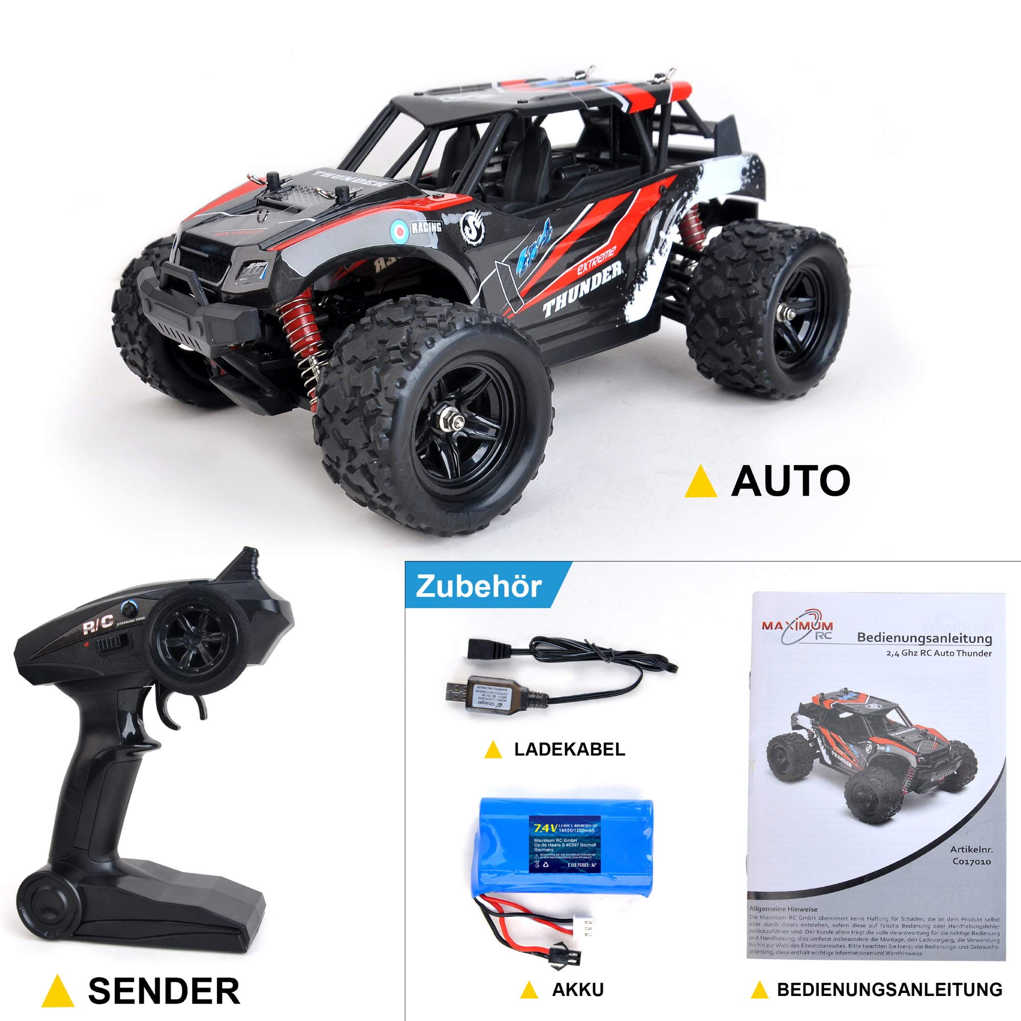 FunTomia Maximum RC Monster Truck - 4WD Thunder Car 36 km/h zdalnie sterowany samochód - części zamienne (1 x Monster Truck/Thunder Car)