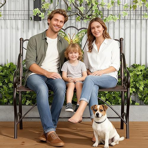 Miniatura 2 de KINGBO Banco de jardín para exteriores de 39 pulgadas con reposabrazos y respaldo, banco de patio de hierro fundido con asiento de listones y patrón