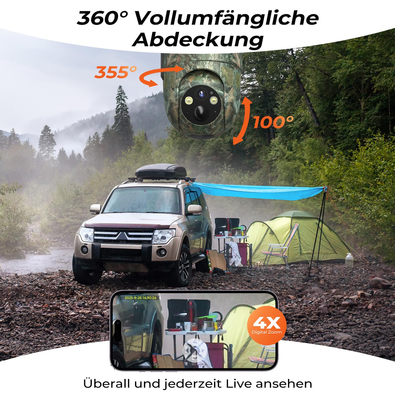 SEHMUA 4G Wildkamera mit SIM Karte, Überwachungskamera Aussen Solar mit Handyübertragung APP mit PIR Erkennung, Kamera mit SIM Karte 2K Farbnachtsicht, Zwei-Wege-Audio, 360° PTZ, IP66