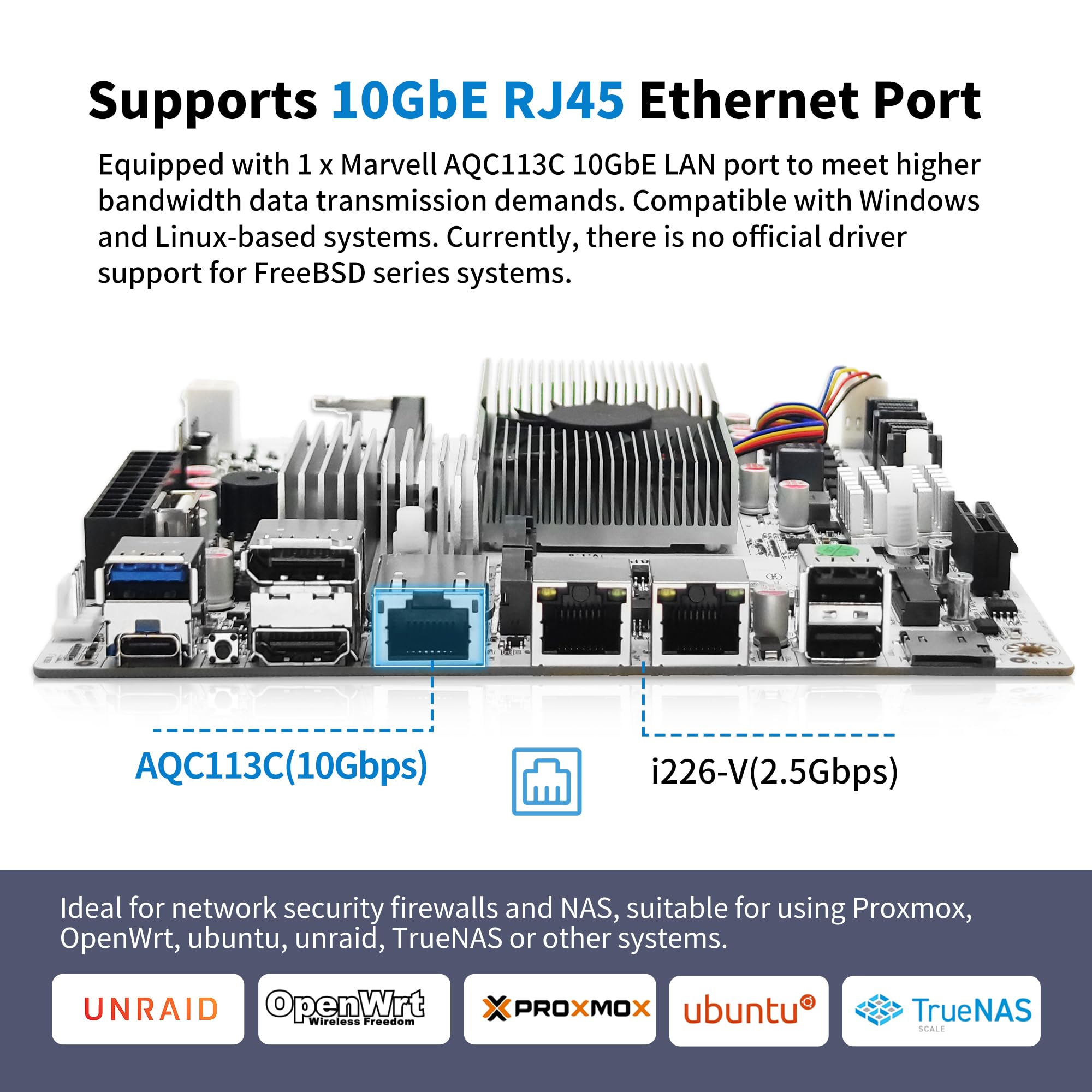 CWWK NAS płyta główna 8 Bay z 10 GbE RJ45, N150 CPU Mini ITX PC płyta główna biała M8, 2 x NVMe, Dual 2.5 GbE LAN, M.2 WiFi, USB-C, DDR5 NO RAM/SSD, PCIe x1, TF (2 x 4 kable SATA)