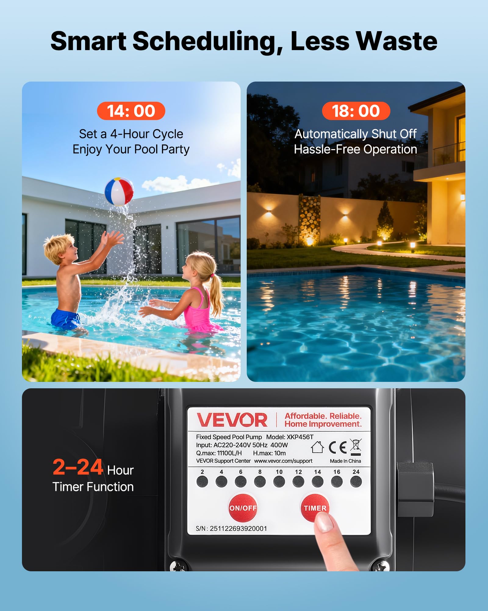 VEVOR Bomba para Piscina 400 W Caudal Máximo de 11100 L/H Bomba de Filtración para Piscina de Una Sola Velocidad, CA 220-240 V, Altura de Elevación Máxima de 10 m, con Temporizador de 24 Horas