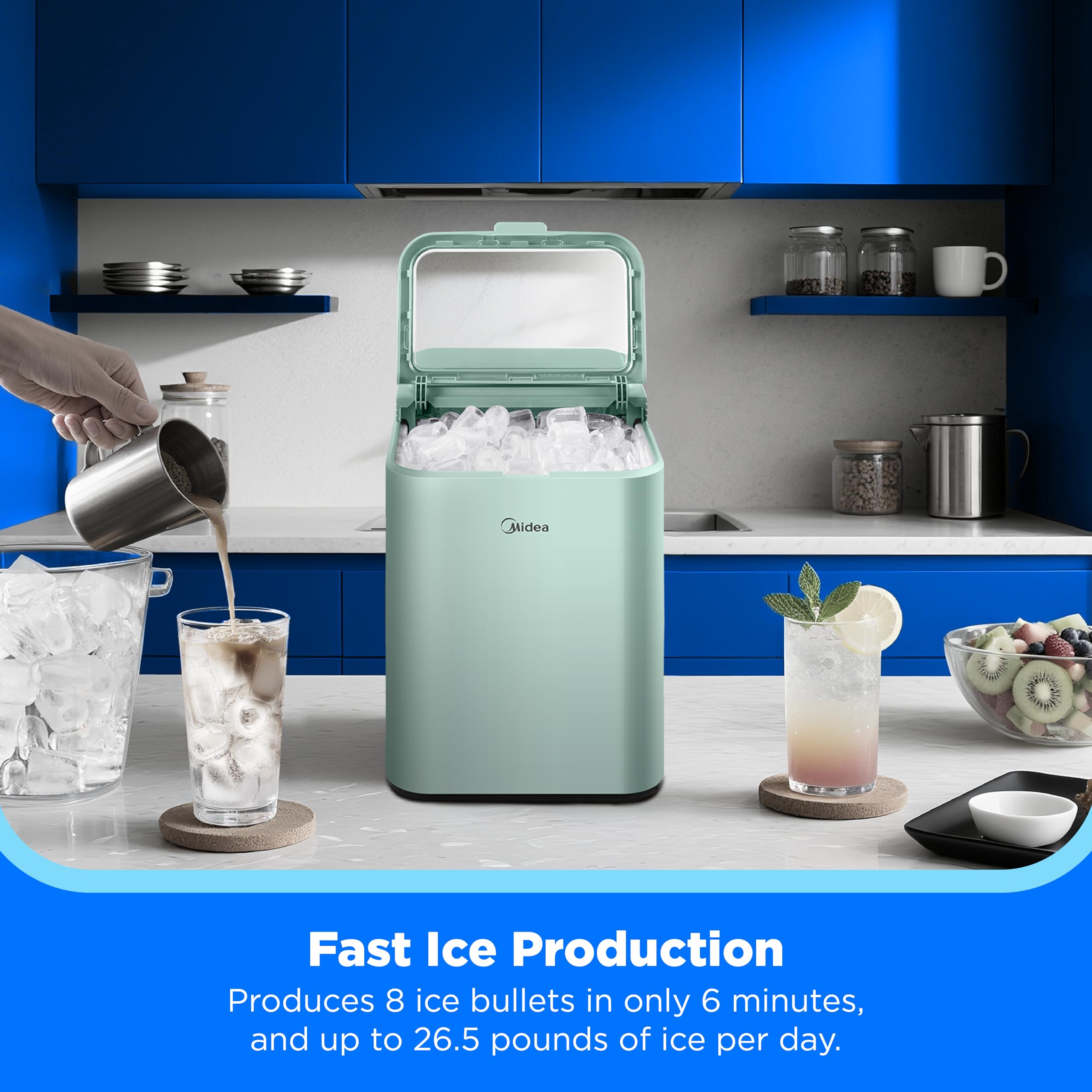 Midea Meri26b1agn Countertop Bullet-Ice Maker, 8 Ice Bullets Ready In 6 Minutes, 26lbs/24h, Self-Cleaning Function With Ice Scoop And Basket For Home/Office/RV on Fridge.com - View 2