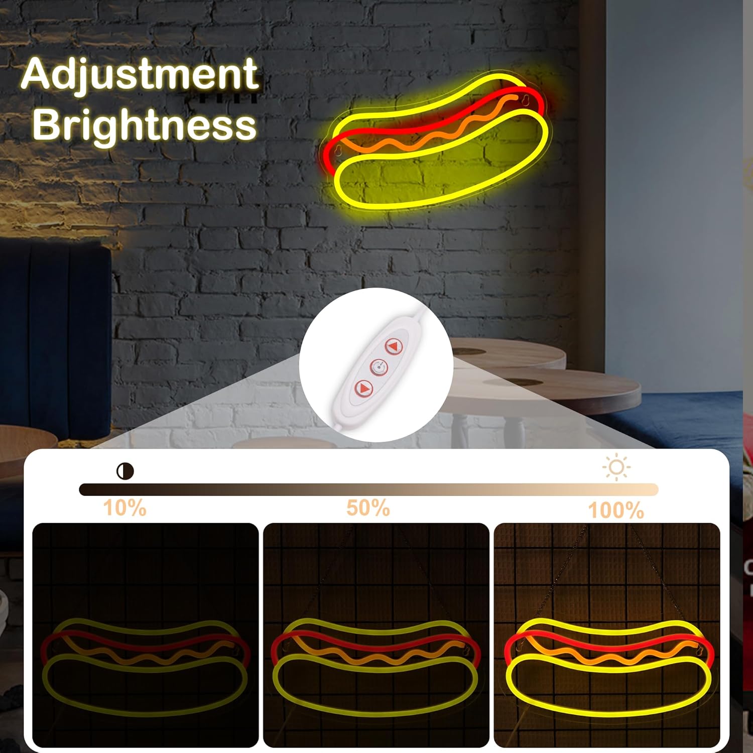 Attivolife Hot Dogs Neon Sign for Wall Decor, Light up Delicious Food Hamburg LED Lamp with Dim USB Powered, Unique Business Fast Food Shop Bar Decor
