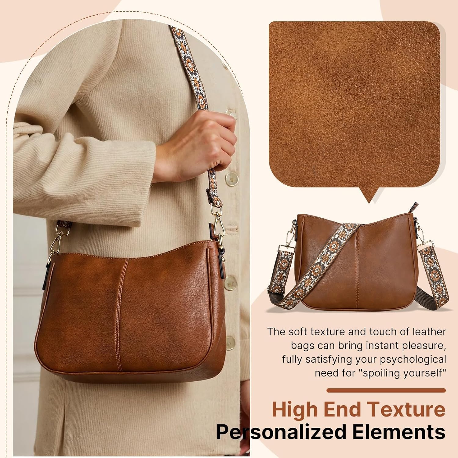 Crossbody Bags for Women, Vegan Leather Hobo Bag, Crossbody Purse with Guitar Strap, Tote Handbag with Wallet Purses Set - Image 5