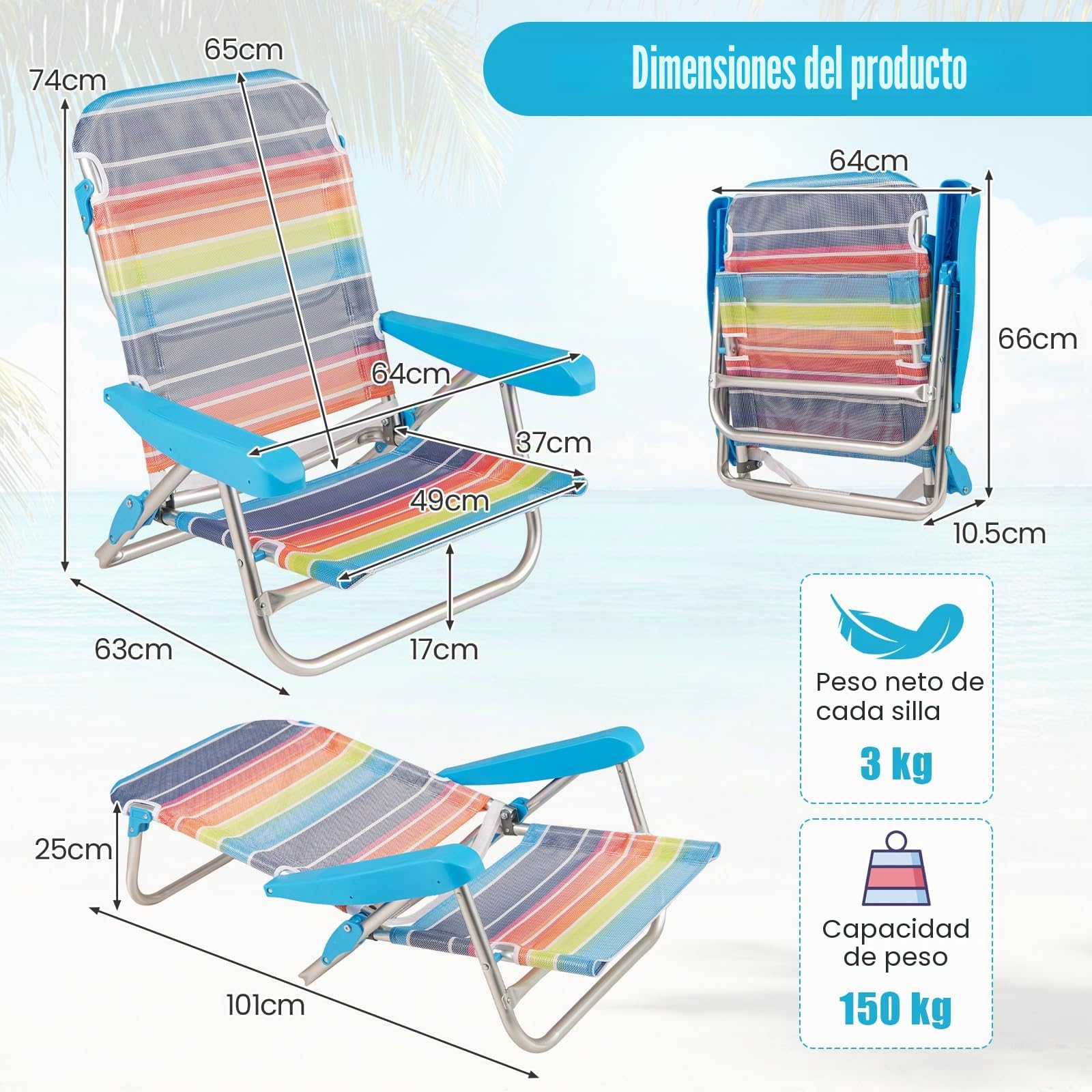KOMFOTTEU Juego de 2 Sillas de Playa Plegable, Silla de Camping con Ajustable en 5 Posiciones, Tumbona Reclinable con Correa de Transporte, Carga de 150 kg, para Jardín, Pesca (Pequeño)