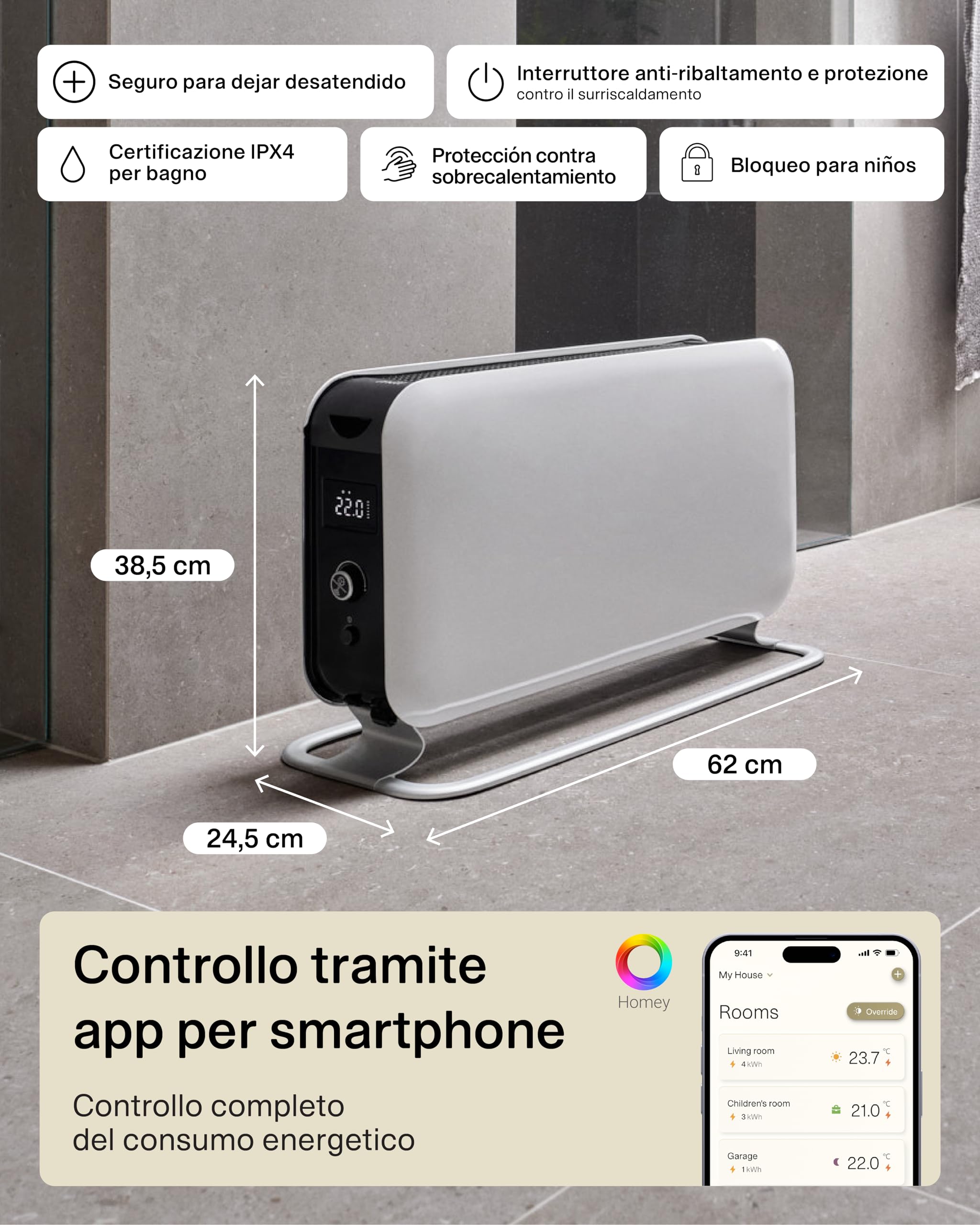 Mill WiFi Max Riscaldatore Elettrico Smart Portatile 1500W con Wi-Fi e App, Stufa per Bagno per 18–22 m², Radiatore Elettrico a Basso Consumo, Silenzioso, Temperatura Superficiale Ridotta