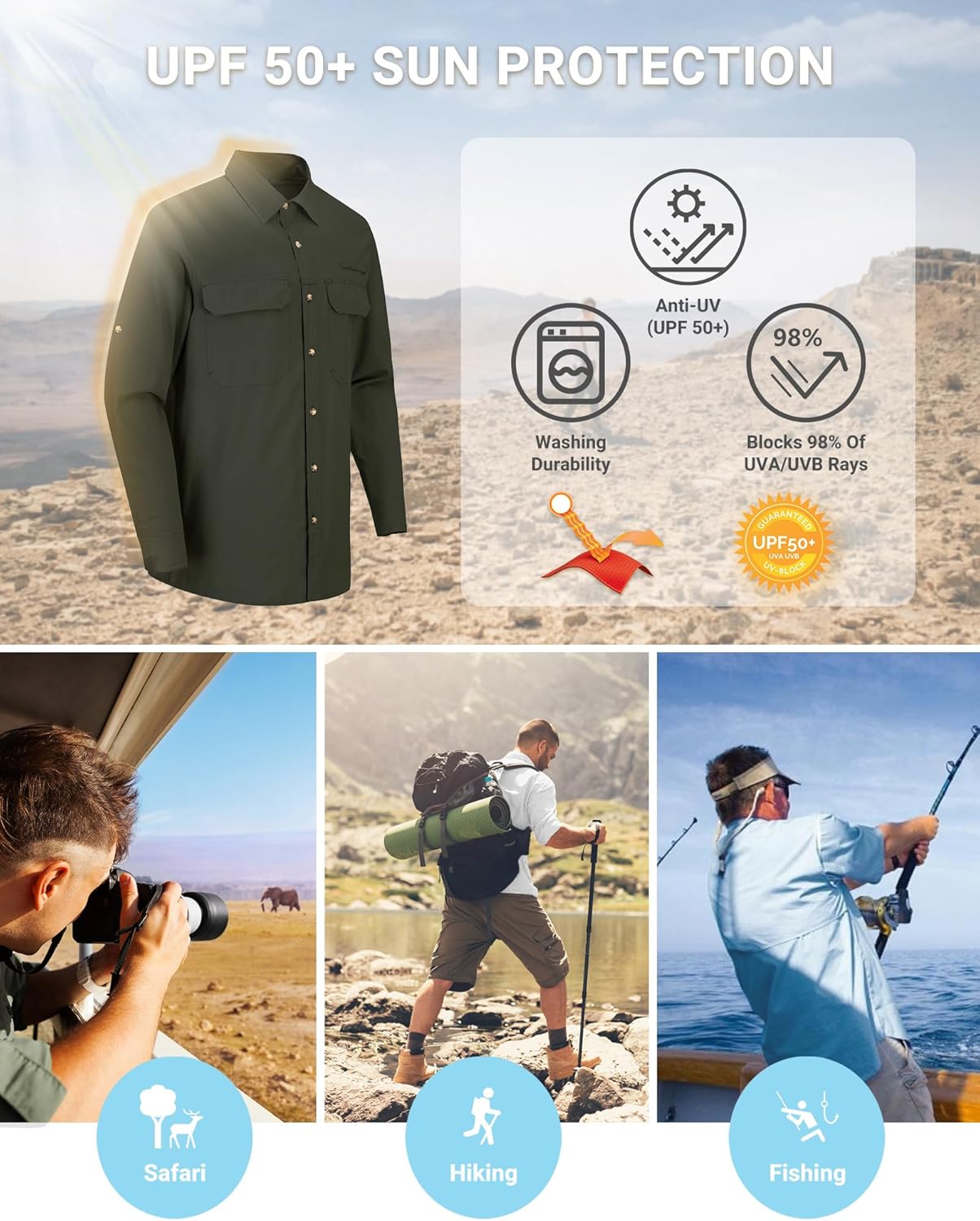 Outdoor Ventures Men's UPF 50+ UV Sun Protection Shirt, Long Sleeve Hiking Fishing Shirt Cooling Quick Dry for Safari Travel - Image 5