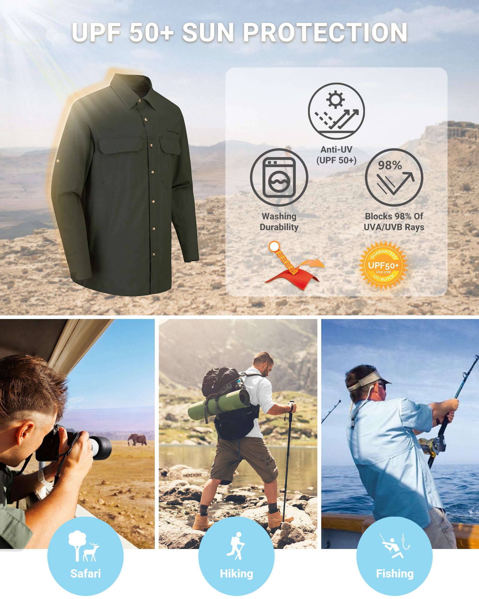 Outdoor Ventures Camicia da uomo a maniche lunghe, per attività all'aria aperta, ad asciugatura rapida, casual, traspirante, per primavera, estate, autunno, con tasche per escursioni, campeggio,