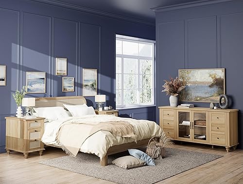 Miniatura 13 de WAMPAT Mesa auxiliar de granja con estación de carga, mesa auxiliar de madera con tomas de corriente y puertos USB, mesita de noche de ratán con