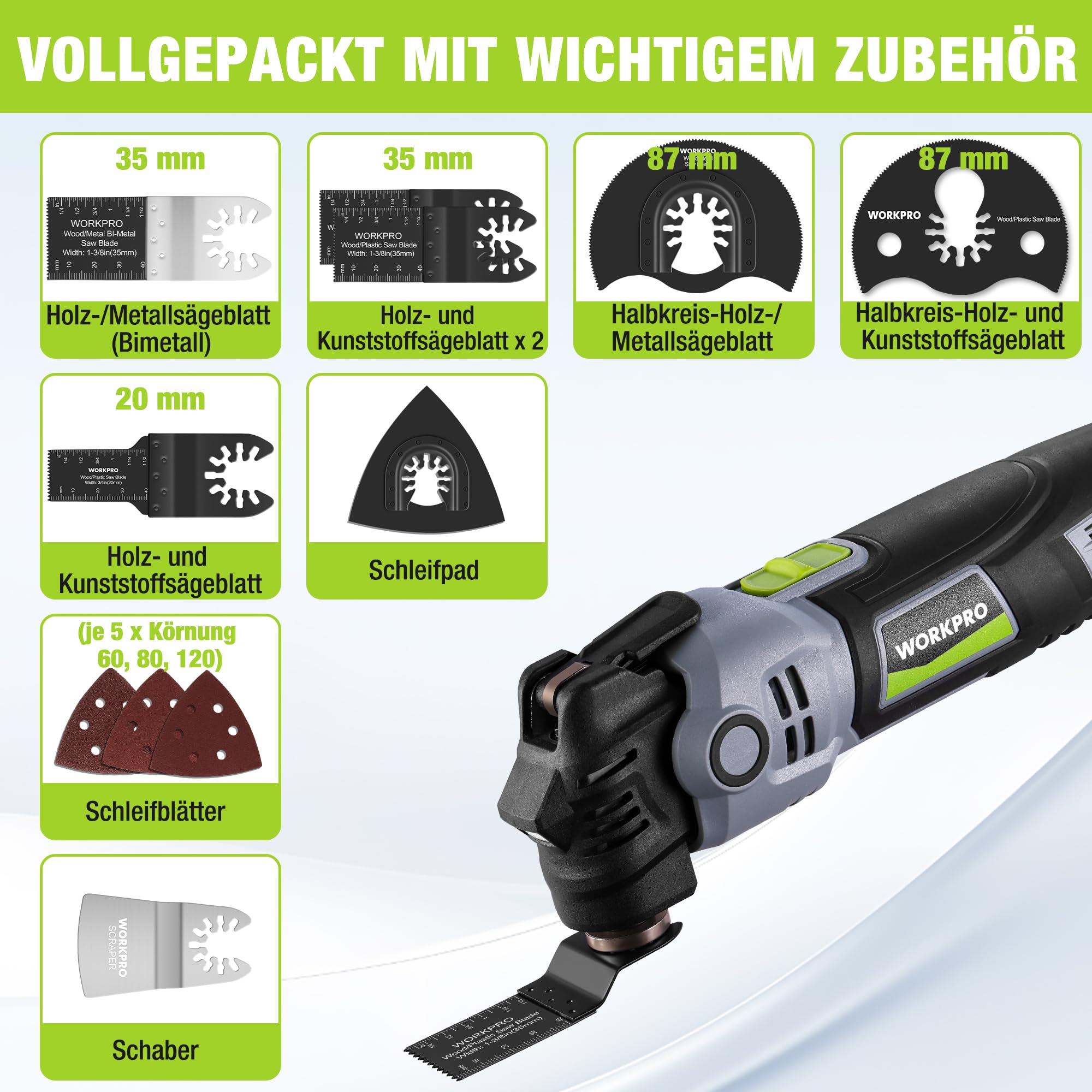 WORKPRO Oszillationswerkzeug, 400W Multifunktionswerkzeug mit 23 Zubehörteilen & Tasche, 6 Geschwindigkeiten (15000–22000 U/min), 3,5° Oszillationswinkel, Ideal zum Schneiden, Schleifen und Schaben